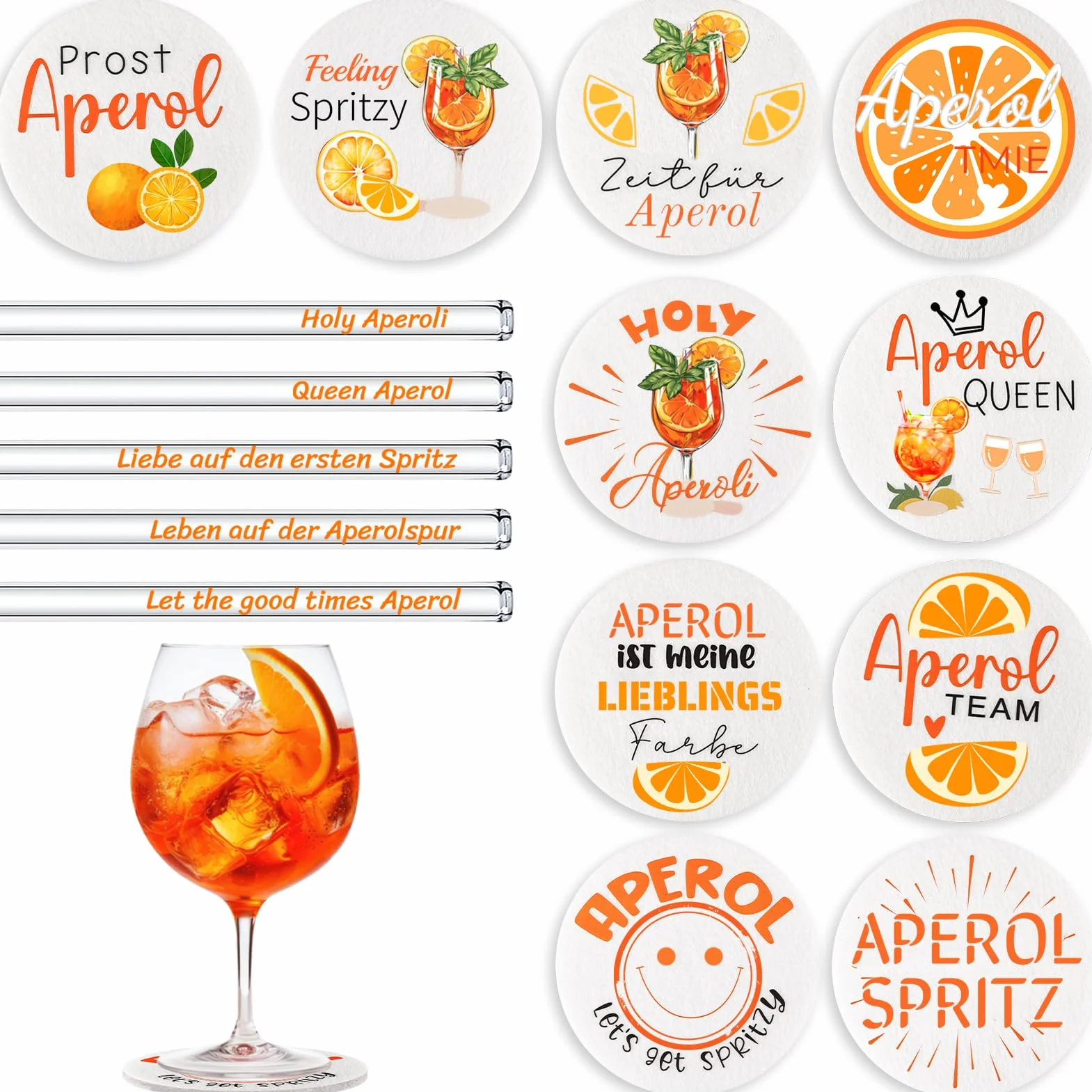 Joycabin 15 sztuk podstawek z filcu i szklanych słomek Aperol, prezent do wielokrotnego użytku, szklane słomki, okrągłe podstawki, dekoracja dla miłośników Aperol, letnia dekoracja stołu (białe)