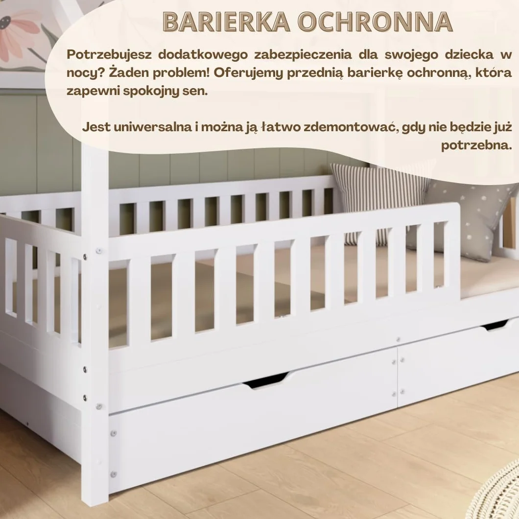 Łóżko domek Crazy Blanco 160 x 80 cm – Białe łóżko dziecięce z naturalnego drewna z odkręcaną barierką – Łóżko Montessori