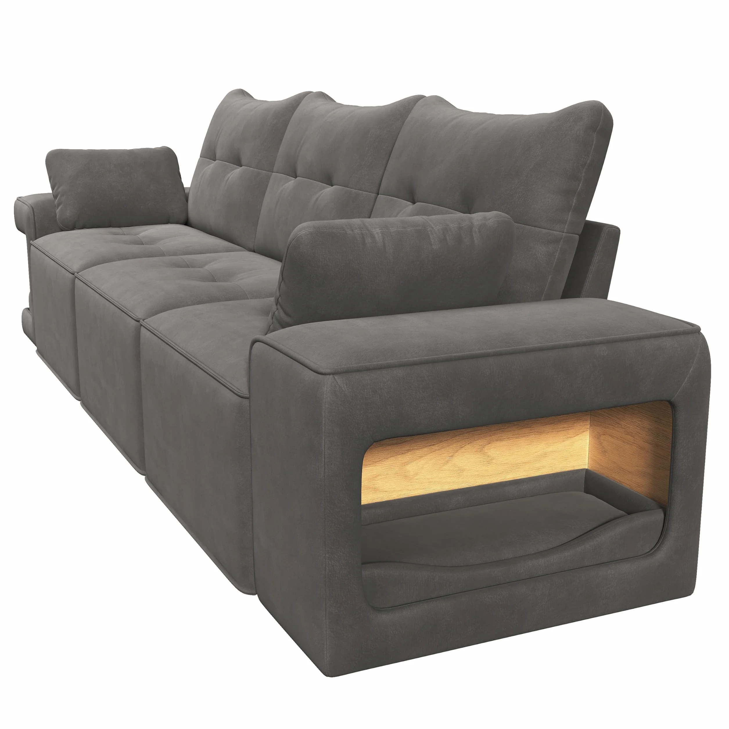 Nowoczesna 3-osobowa sofa, modułowa sofa Cloud z szerokimi podłokietnikami, miejscem do przechowywania, wyściełanym obszarem dla zwierząt domowych, w zestawie 2 poduszki, szara