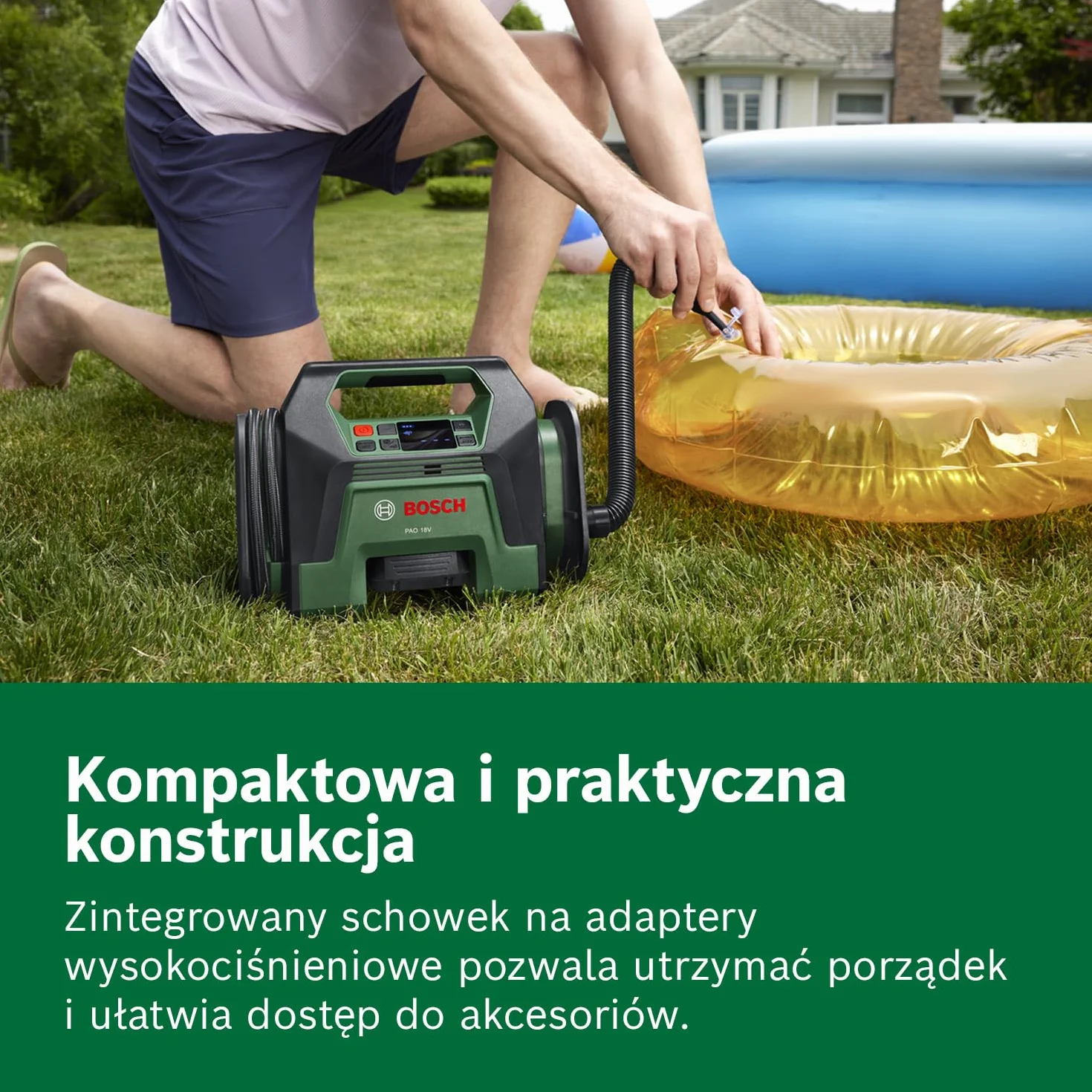 Bosch Pompka akumulatorowa PAO 18V (od opon do dużych akcesoriów dmuchanych, zawór zaciskowy do opon samochodowych, zawór Presta, igła do pompowania piłek, adapter do szybkiego pompowania)