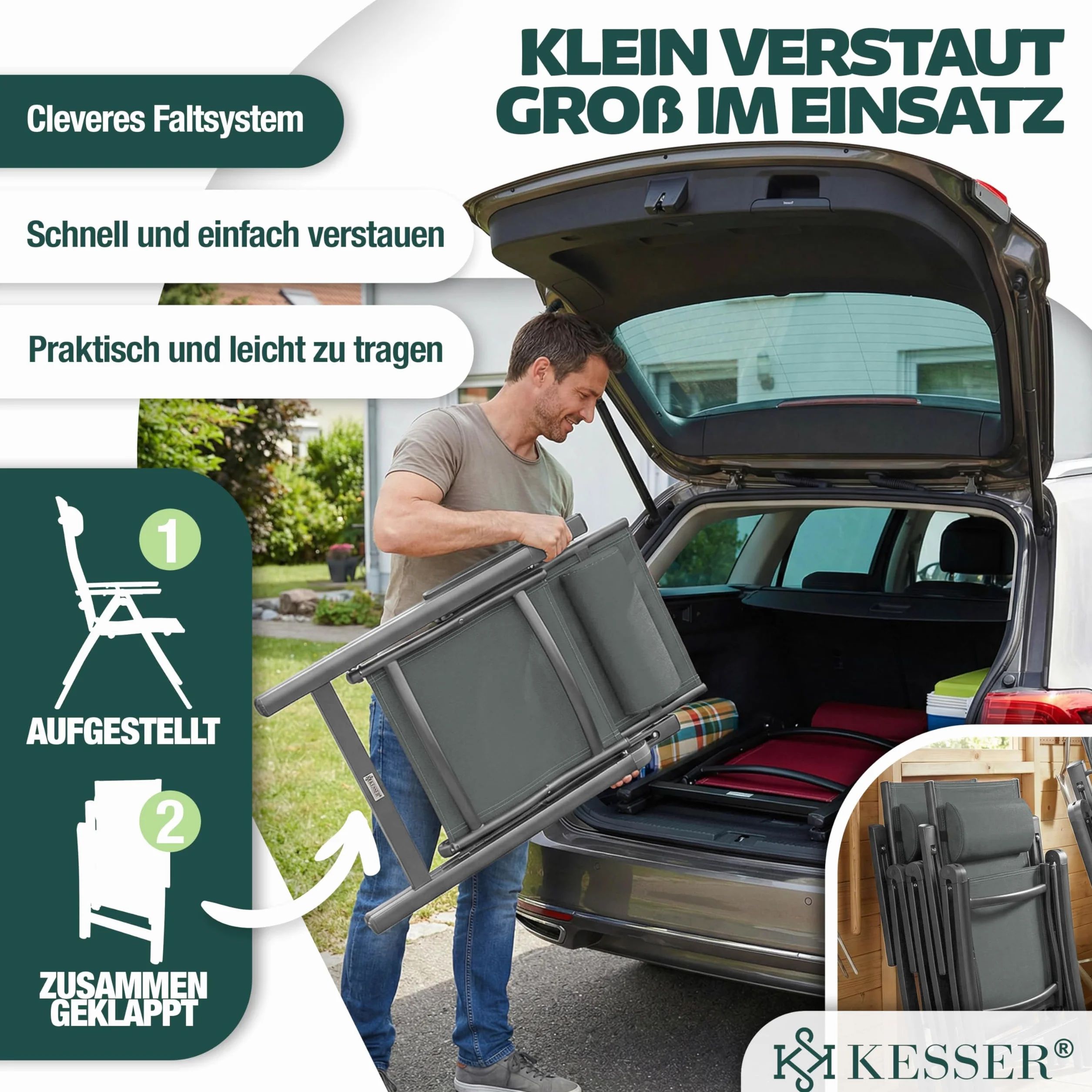 KESSER Krzesło ogrodowe z wysokim oparciem z podłokietnikami, zestaw 2 szt., aluminiowe krzesło składane z poduszką i pokrywą, krzesło kempingowe, 7-stopniowa regulacja, oparcie, oddychające, odporne