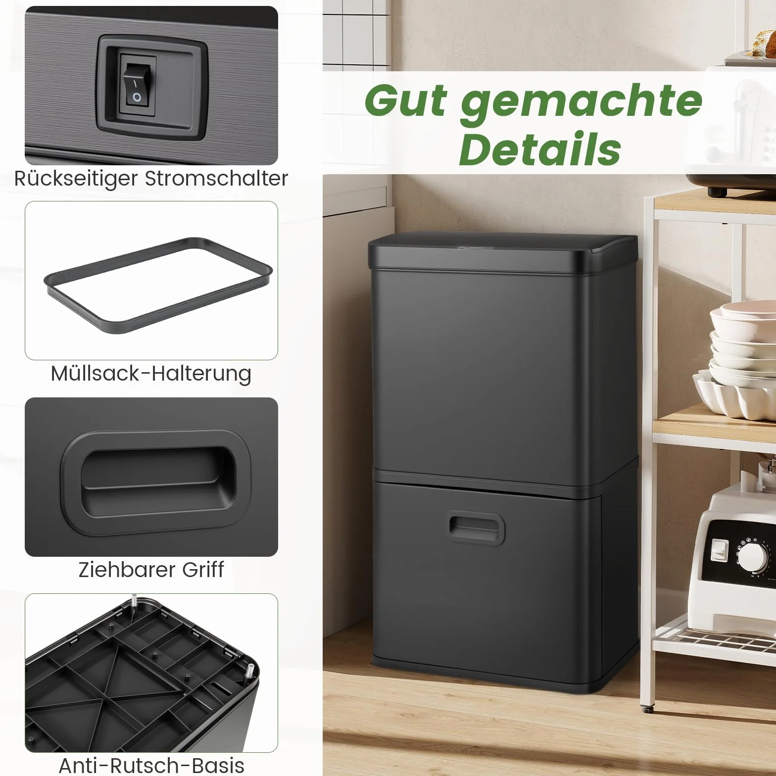 COSTWAY Kosz na śmieci z 3 przegródkami, system segregacji śmieci 56 l, w zestawie 2 wyjmowane pojemniki na odpady, 2 x 10 l + 36 l, elektryczny kosz na śmieci z czujnikiem i pokrywą Softclose, do