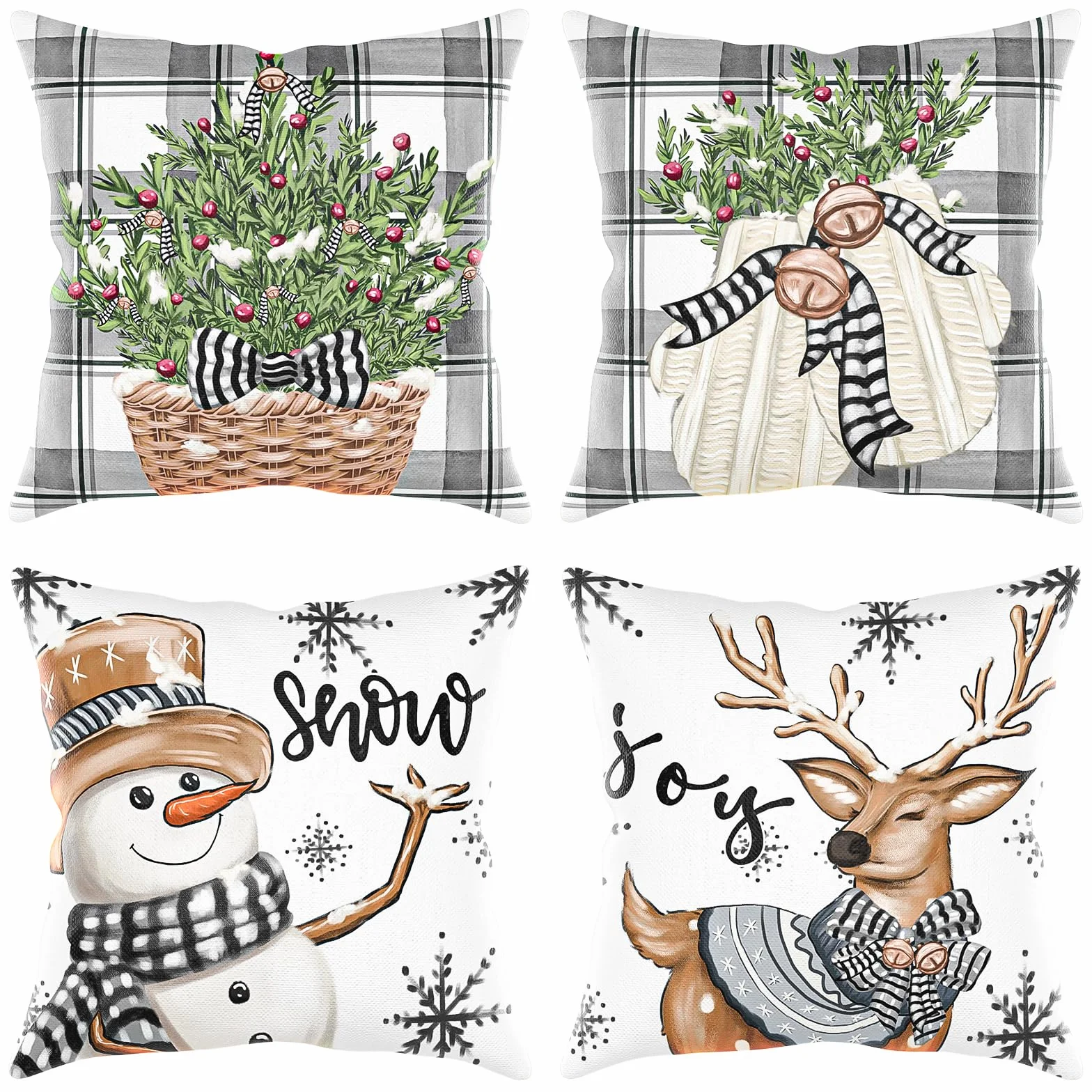 Christmas poszewka na poduszkę 40 x 40, 4 sztuki, lniana poduszka bożonarodzeniowa, dekoracja bożonarodzeniowa, kolor biały i szary, dekoracja renifera, do salonu, na kanapę, dekoracja