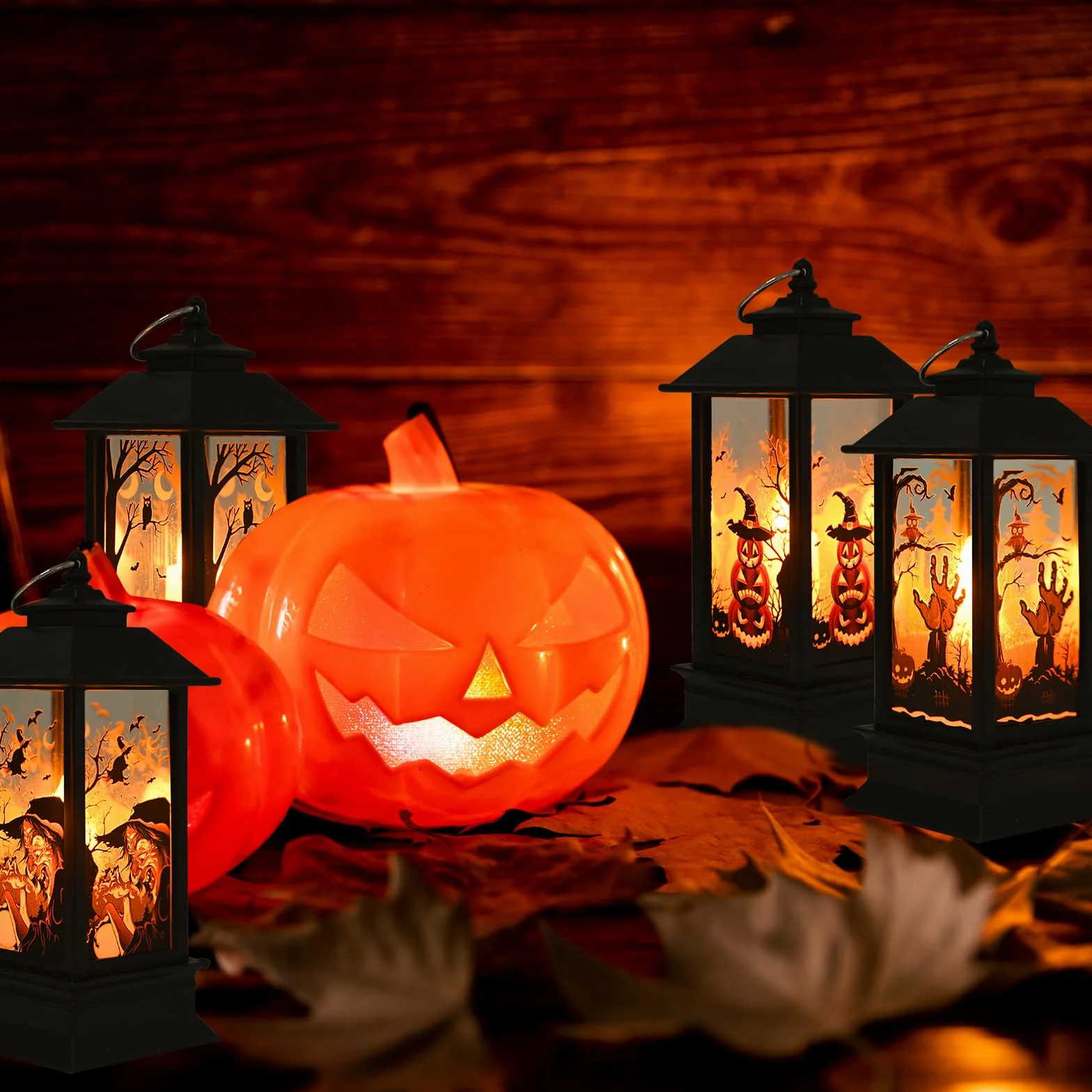 4 latarnie dekoracja LED na Halloween, świecąca wisząca latarnia, wzór dyni, wrony, wiedźmy, dłoni ducha, do wewnątrz i na zewnątrz, na wakacje, do ogrodu, na Halloween, imprezę do dekoracji