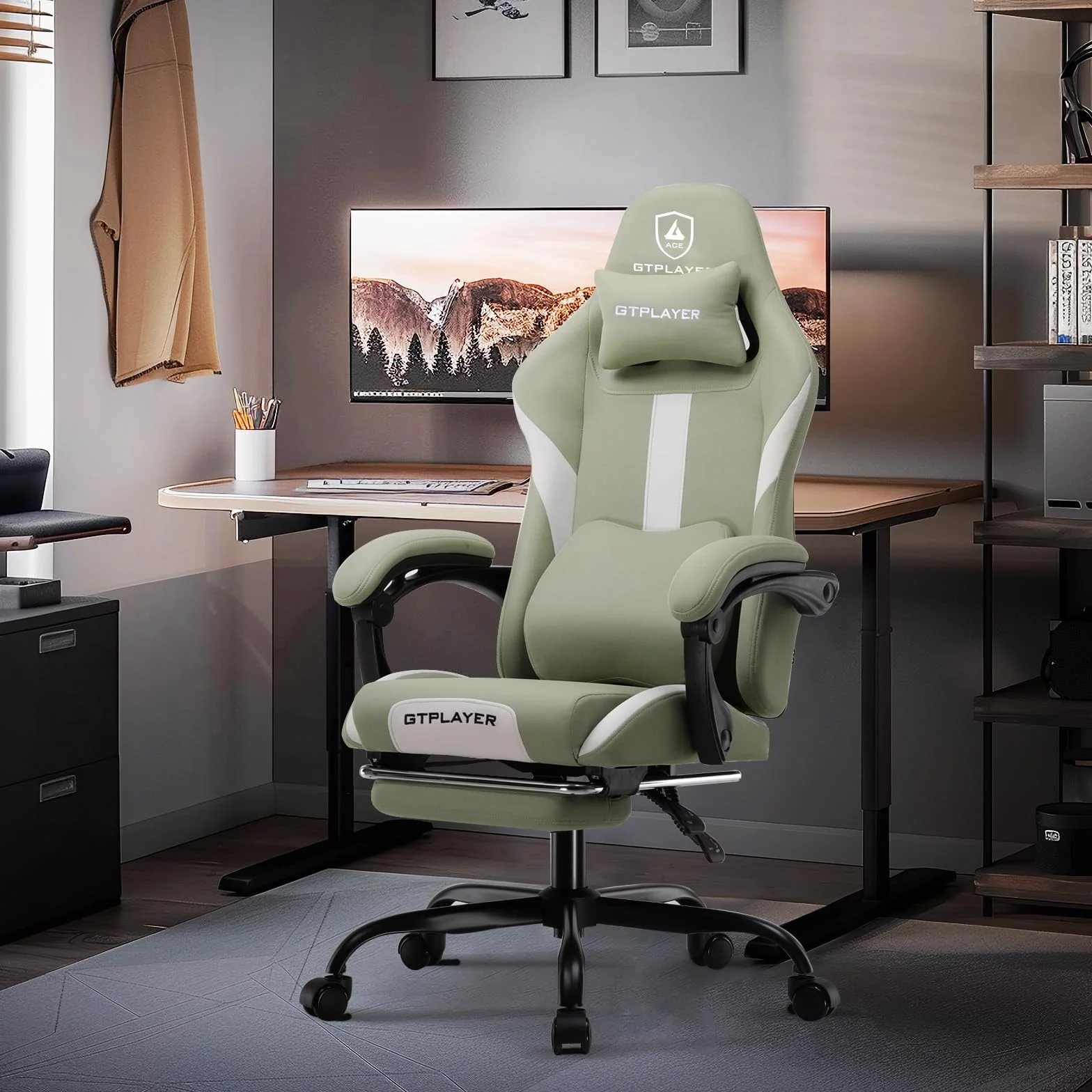 GTPLAYER Fotel Gamingowy, Fotel Dla Graczy, Wysokiej JakośCi Tkanina OddychająCa KrzesłO Biurowe, Ergonomiczny Fotel Do Komputera, Regulowany I Obrotowy Fotel Biurowy Z PodnóżKiem, Zielony