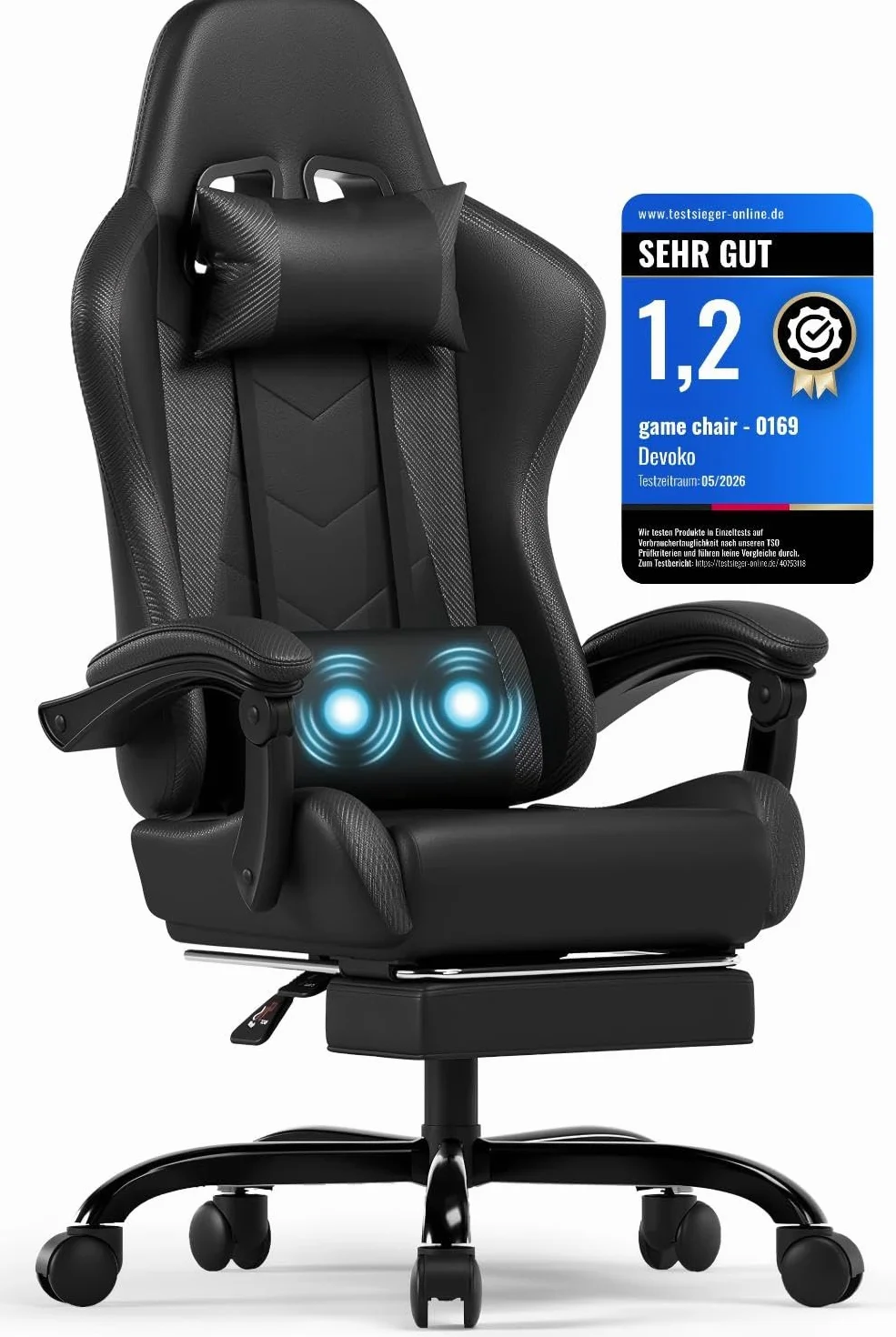Devoko Fotel gamingowy, krzesło biurowe，Biurowe Krzesło Komputerowe z Podnóżkiem, Krzesło Gamingowe Wytrzymałe do 150kg, Oparcie Regulowane 90-135°, Ergonomiczne Krzesło PC, Obrotowe o 360°, Czarny