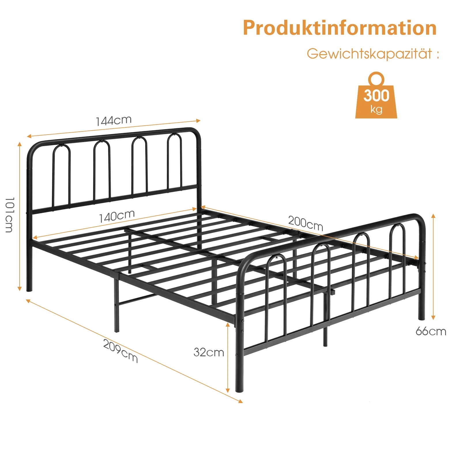 Costway Metalowa rama łóżka, na materac 200 x 140 cm, rama łóżka podwójnego, ze stelażem, z miejscem do przechowywania pod łóżkiem, metalowe łóżko dla gości