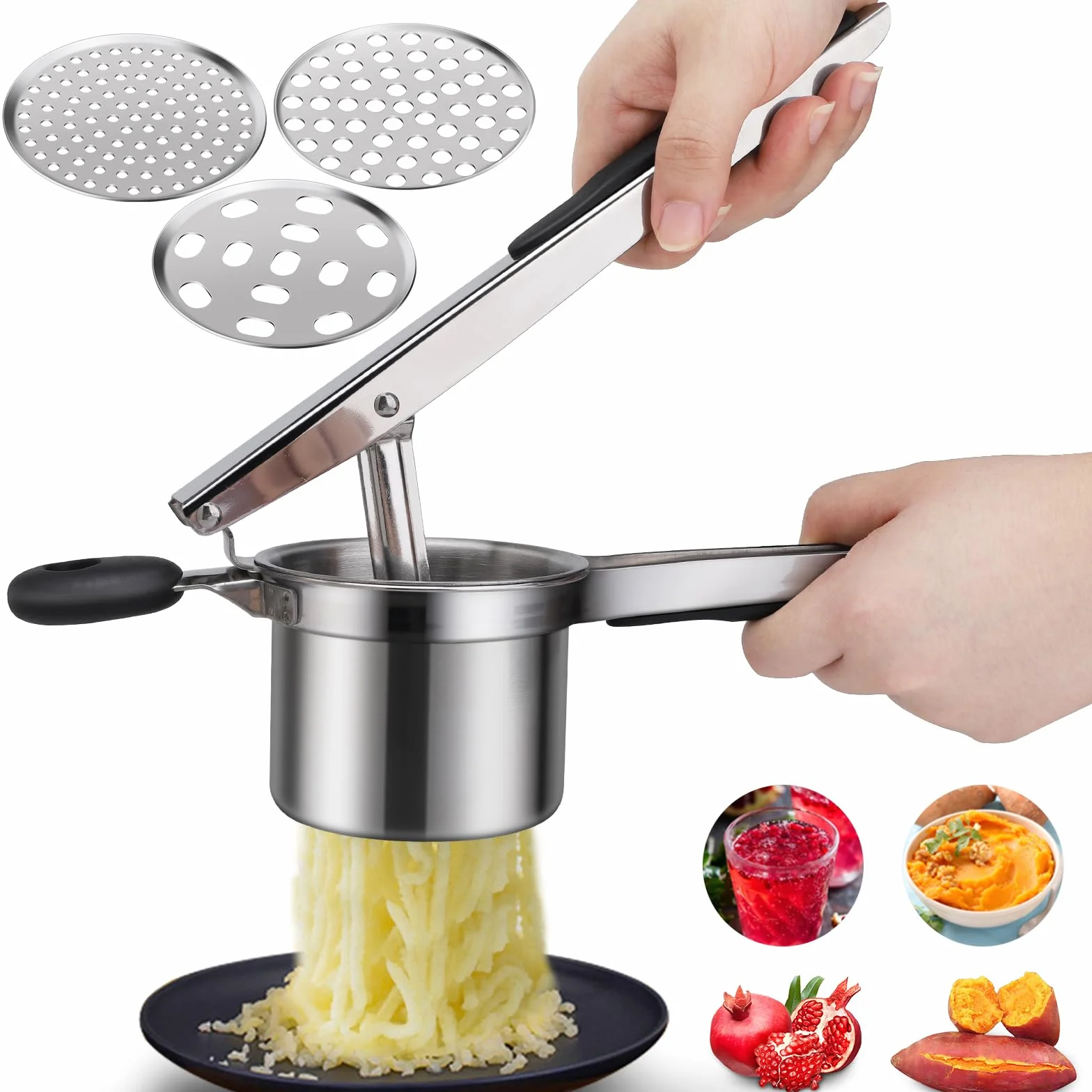 Tłuczek do ziemniaków Ricer, spożywcza prasa do ziemniaków ze stali nierdzewnej z 3 wymiennymi tarczami, wielofunkcyjny Ricer do tłuczonych ziemniaków, puree, owoców i warzyw, żywności dla niemowląt