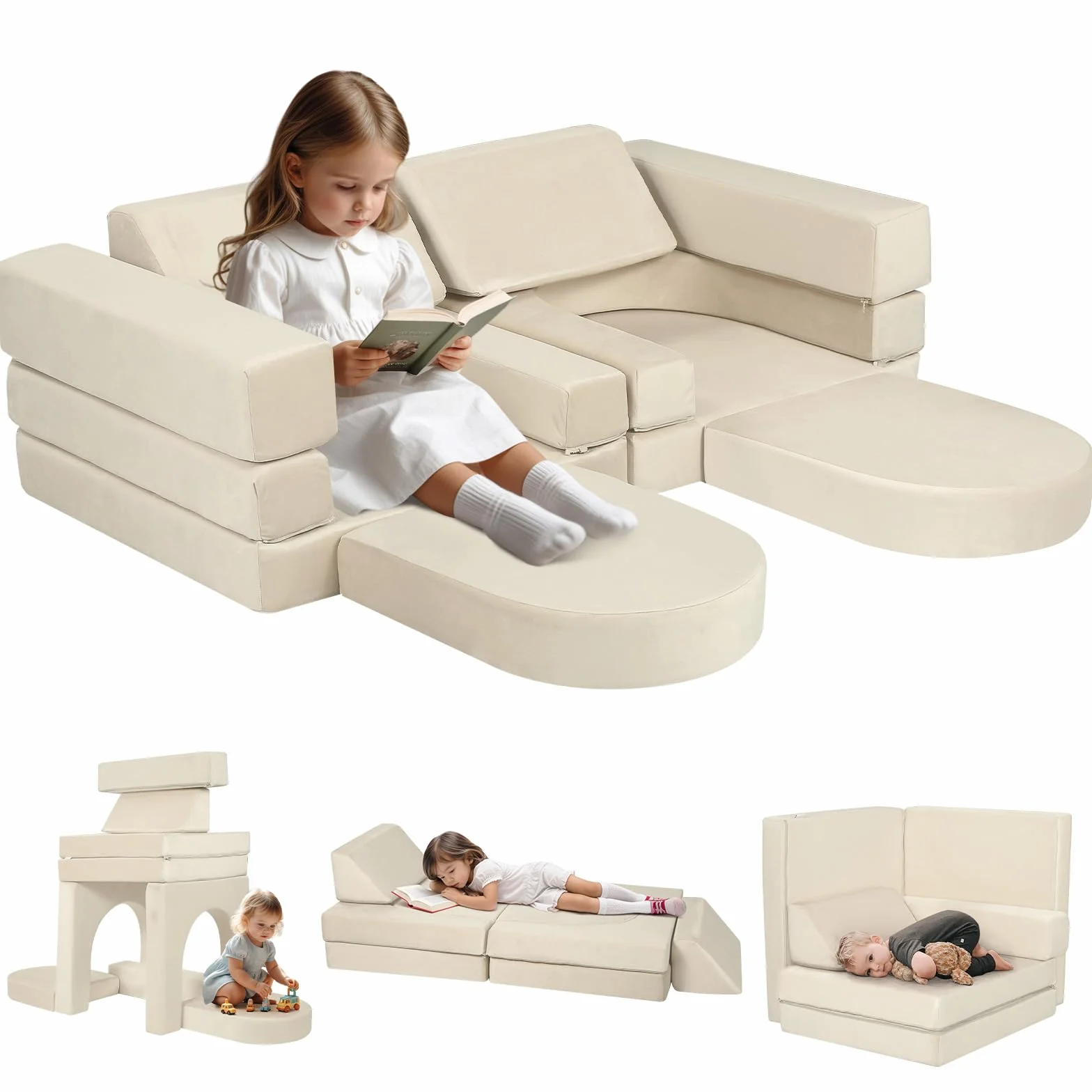 MeMoreCool Sofa do zabawy dla dzieci, miękka pianka z klocków, fantazyjna sofa do zabawy, ekscytujący plac zabaw do pokoju dziecięcego, przytulny kącik, idealny dla dzieci, beżowy
