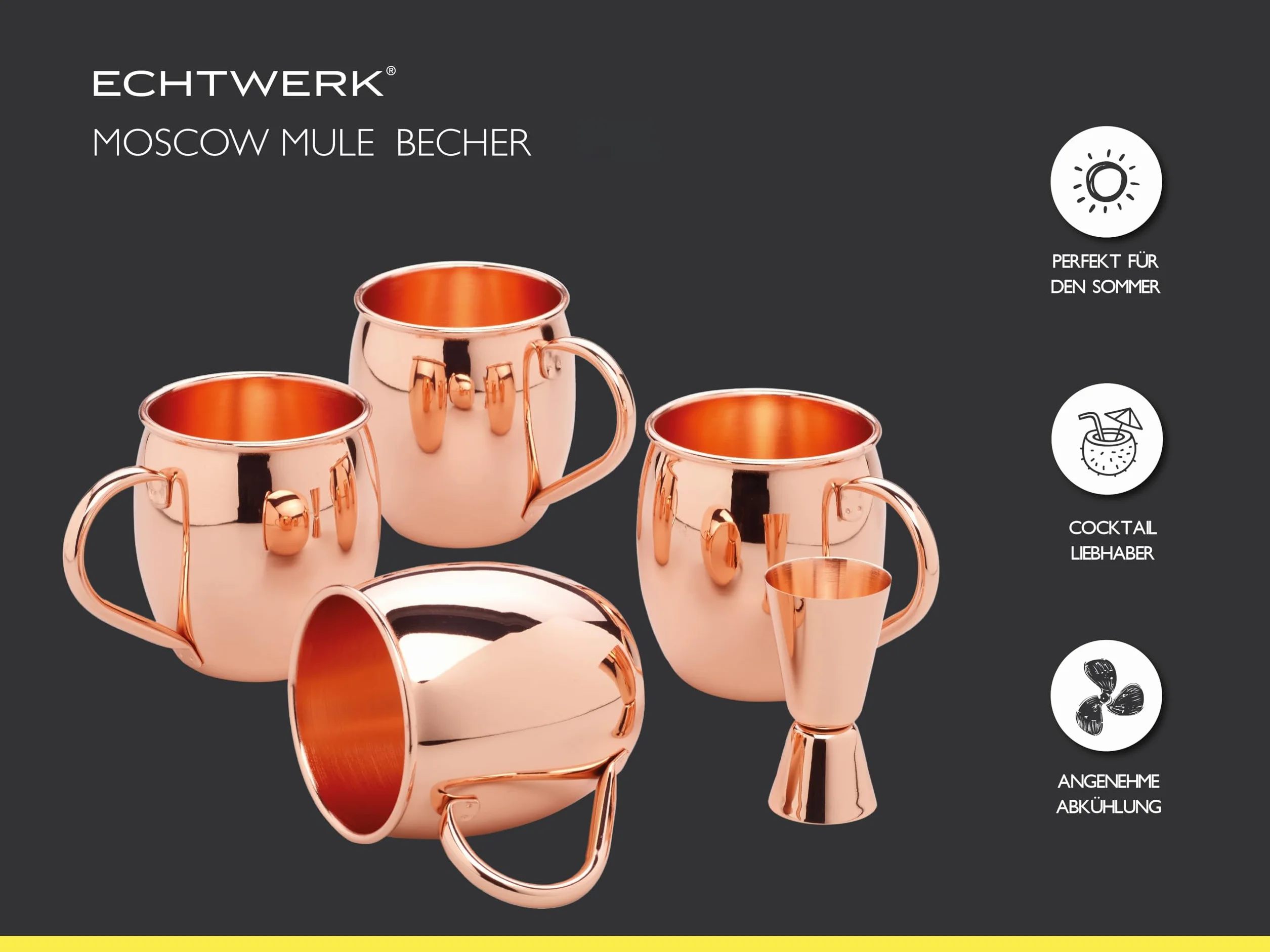ECHTWERK Moscow Mule zestaw 13 kubków miedzianych ze stali nierdzewnej, składający się z 4 kubków miedzianych 500 ml, 4 podstawek, 4 słomek i 1 miarki 2 cl/4 cl, EW-MM-1714G