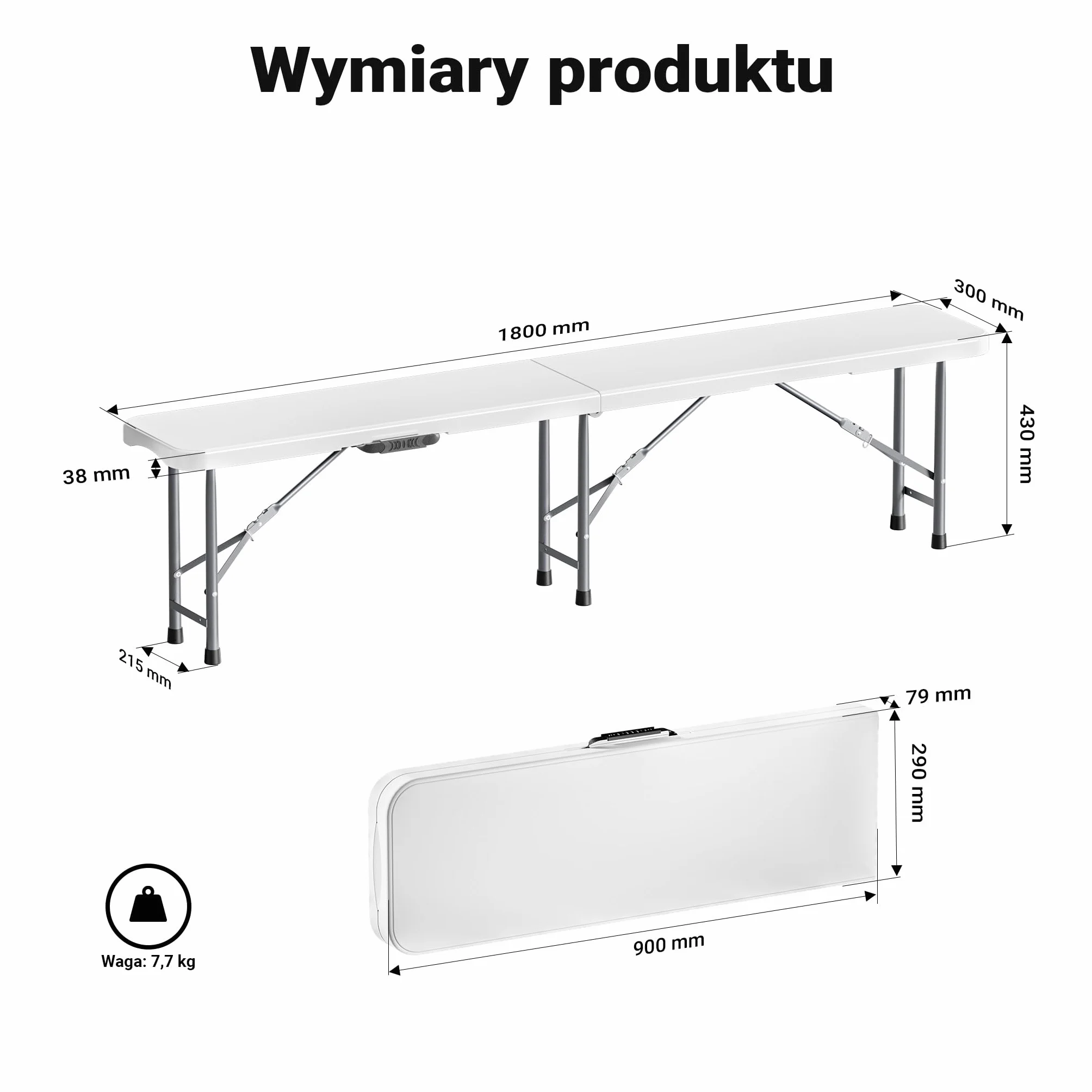 Wiltec Składana ławka cateringowa, bankietowa, turystyczna 180x30x43 cm, ława ogrodowa z uchwytem, siedzisko kempingowe składane do ogrodu i na biwak