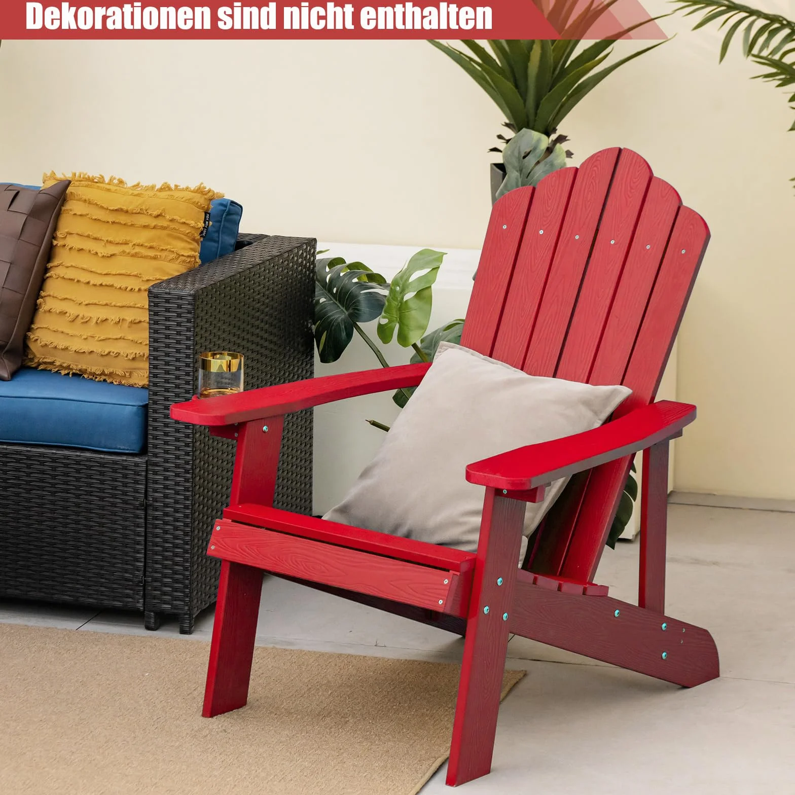 COSTWAY Adirondack krzesło z uchwytem na napoje, odporne na warunki atmosferyczne, krzesło ogrodowe z tworzywa sztucznego, krzesło outdoorowe do ogrodu, na taras, nośność 170 kg (czerwone)