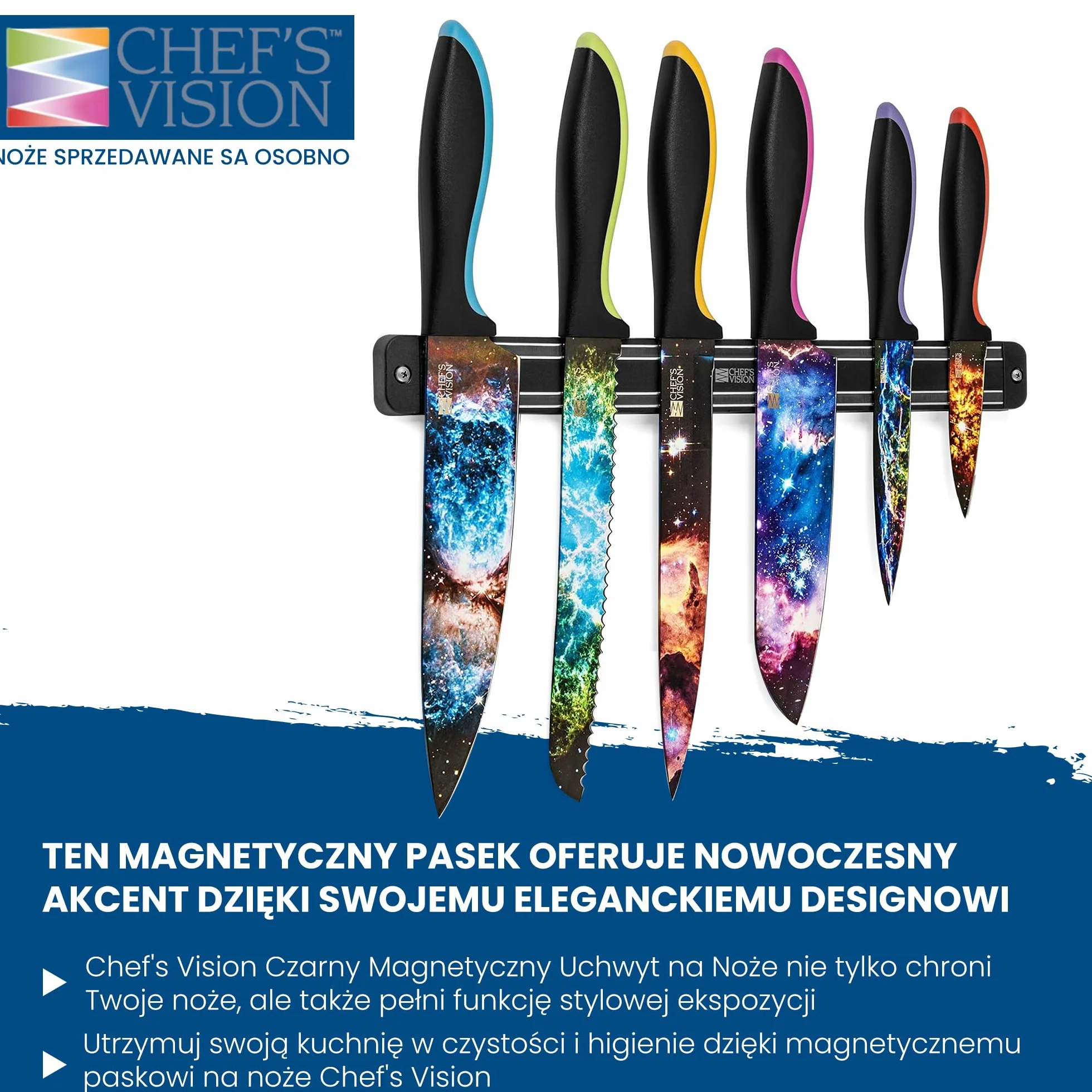 Czarny magnetyczny uchwyt ścienny na noże kuchenne (33,5 cm) - BEHOLD od Chef's Vision - Magnetyczny wieszak na noże kuchenne - Stylowy stojak na noże kuchenne - Idealny do kolorowych noży