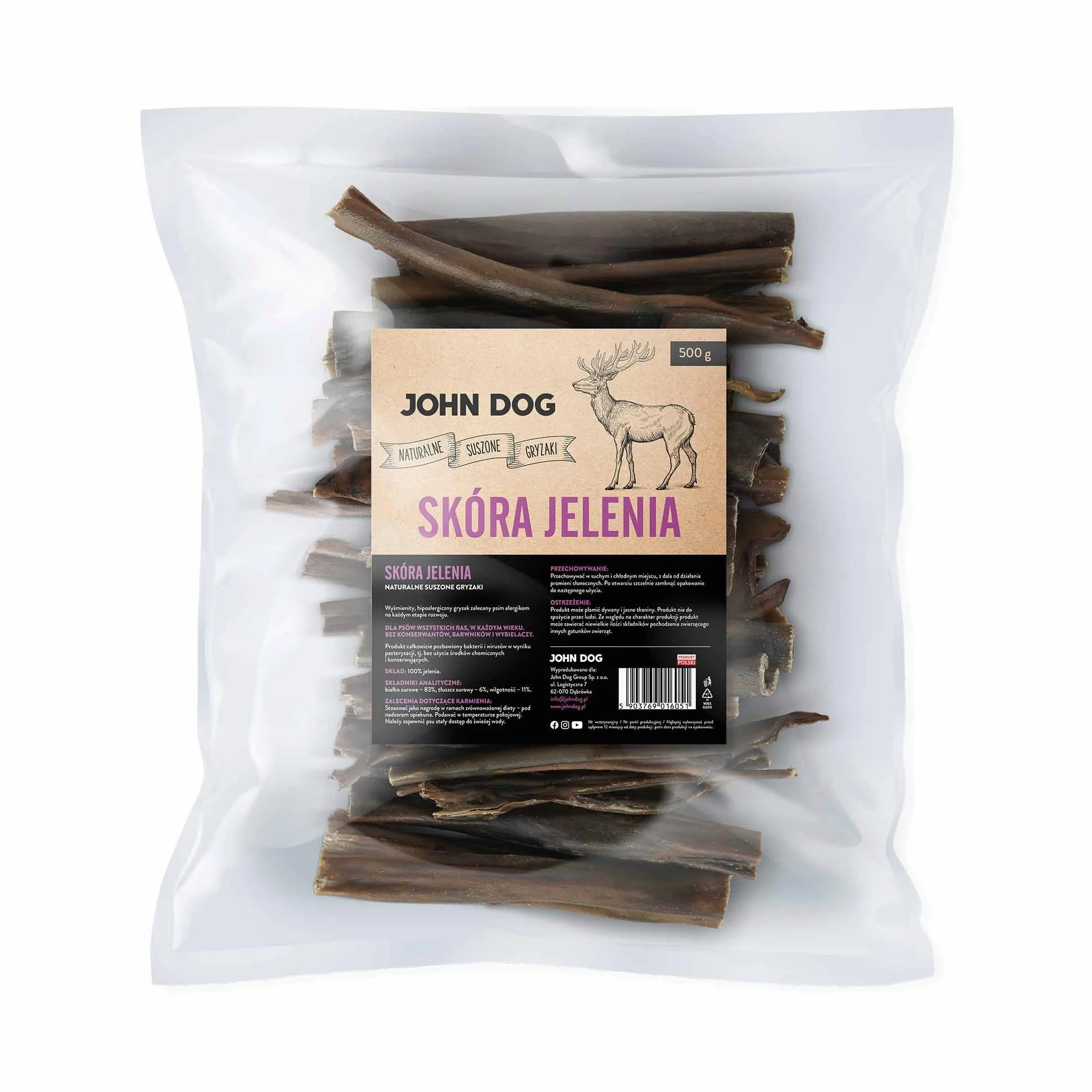 JOHN DOG naturalny gryzak dla psa suszona skóra jelenia 500 g