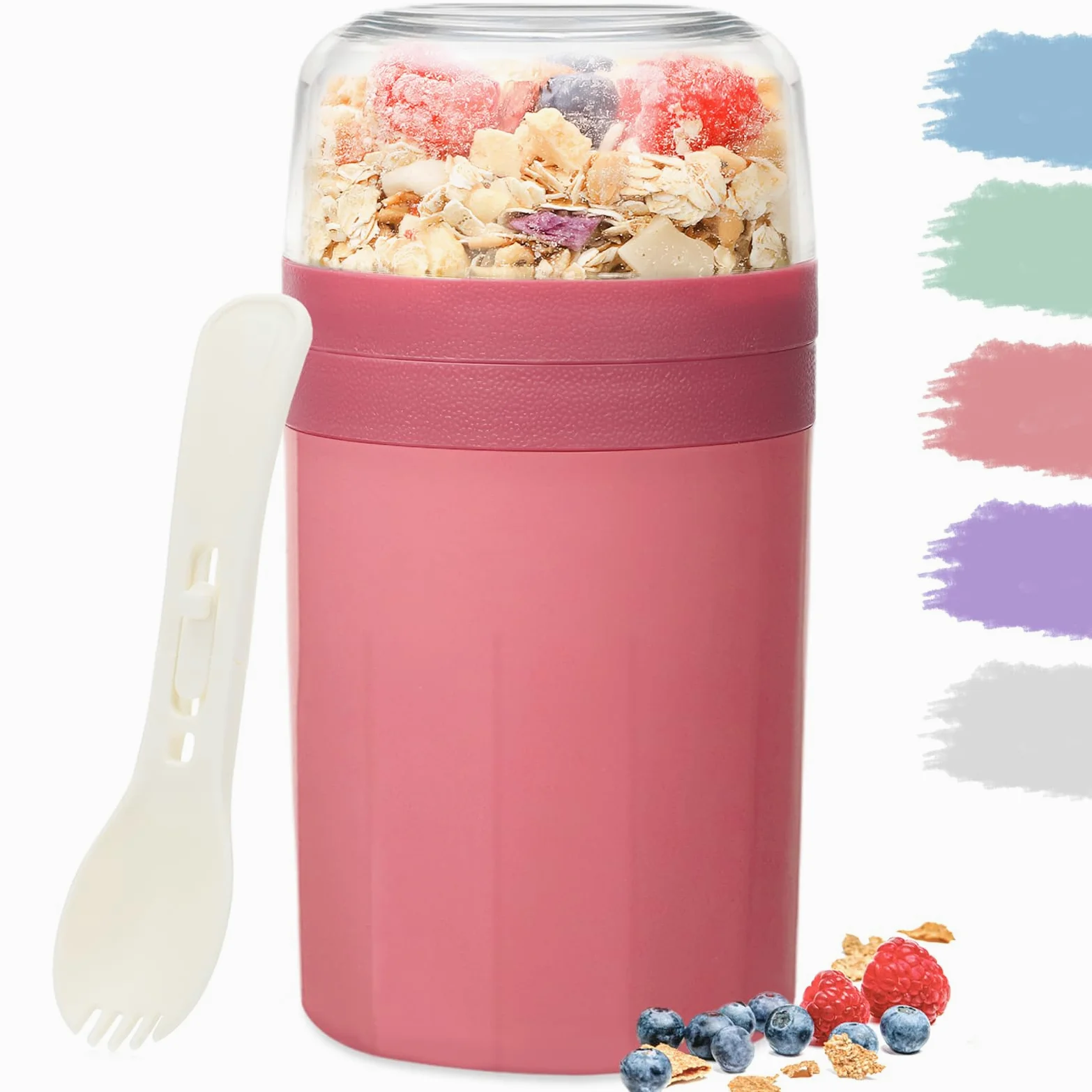 Bugucat Kubek na musli to Go 520 ml + 250 ml, praktyczny kubek na jogurt z łyżeczką, szczelny, z pudełkiem na sosy, pudełko na musli, pudełko na lunch dla dzieci i dorosłych, różowy