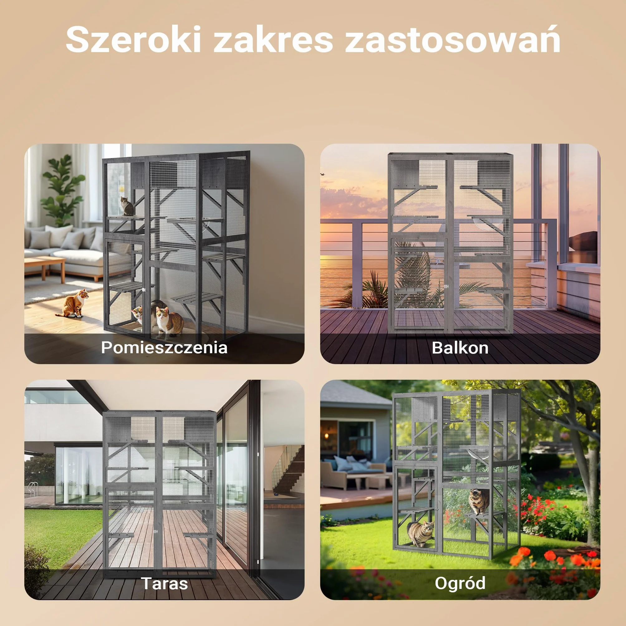 Wiltec Woliera dla kota 116 x 82 x 175,7 cm, z drewna i powłoką PVC na balkon i do ogrodu, 5 poziomów, legowisko i 2 drewniane boksy