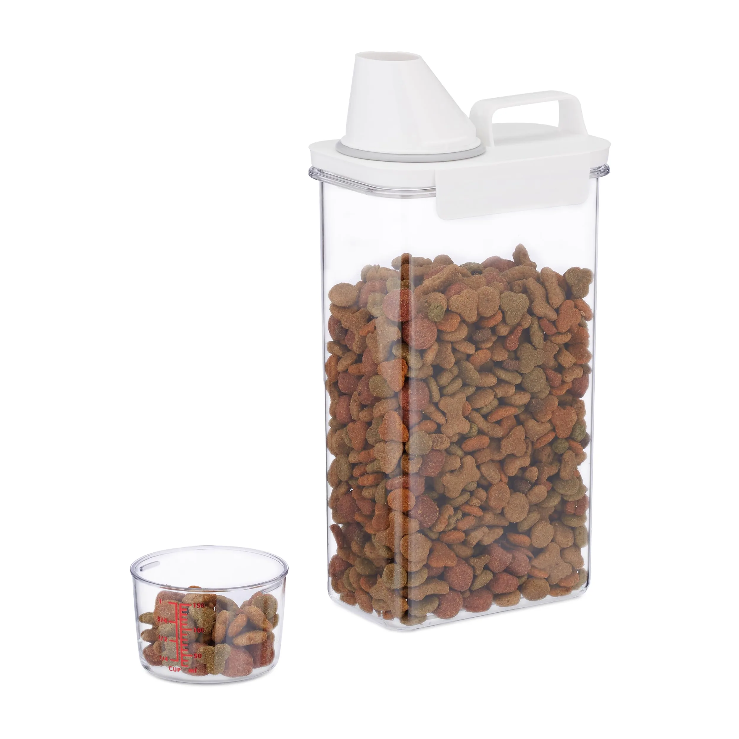 Relaxdays Pudełko do przechowywania karmy, kubek z miarką, hermetyczna pokrywa, 2,3 l, sucha karma, musli, proszek do prania, przezroczyste