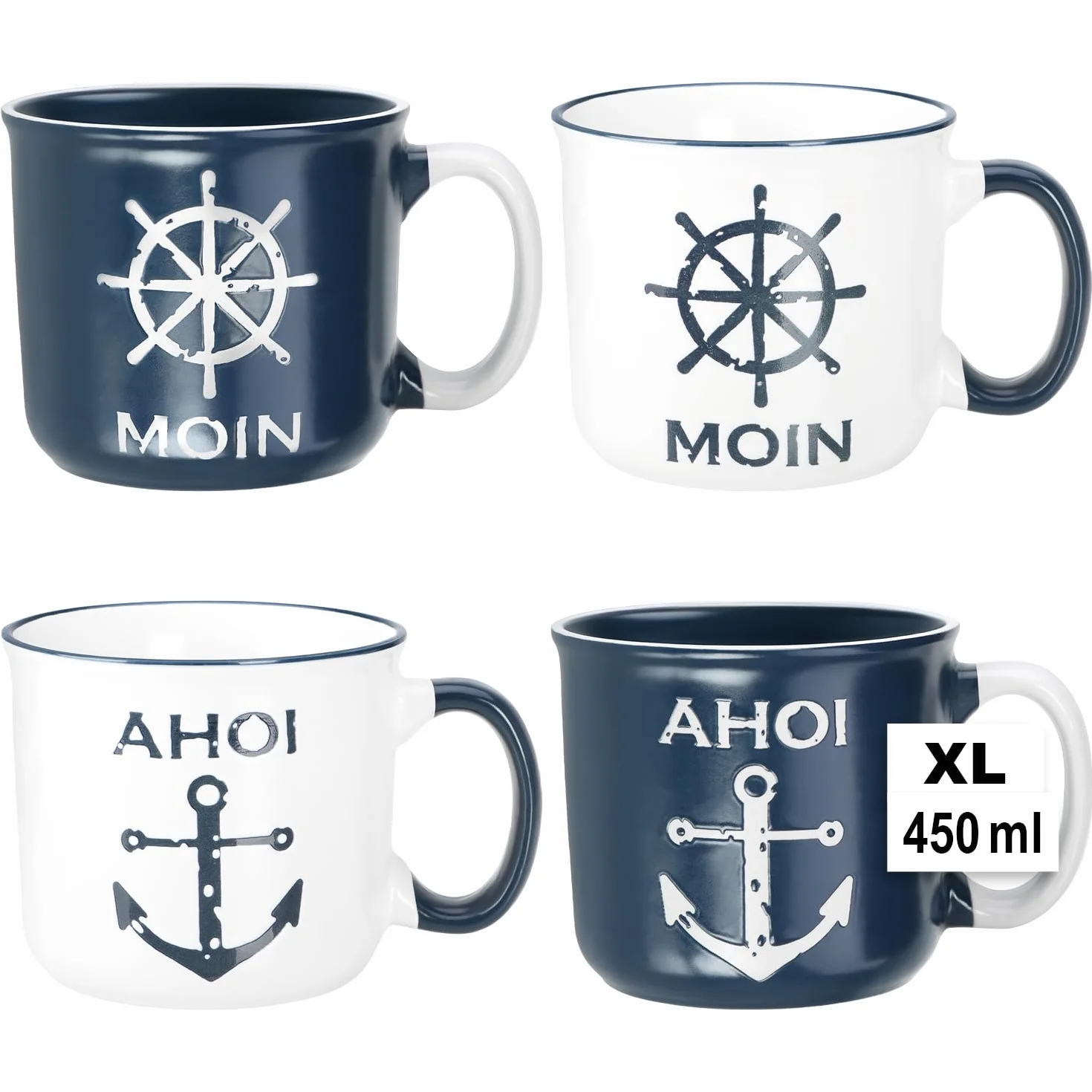 com-four 4 x ceramiczny kubek do kawy XL – kubki do picia 450 ml – morskie filiżanki do kawy do domu i biura – kubek do kawy na zimne i gorące napoje (4 sztuki – białe/niebieskie)
