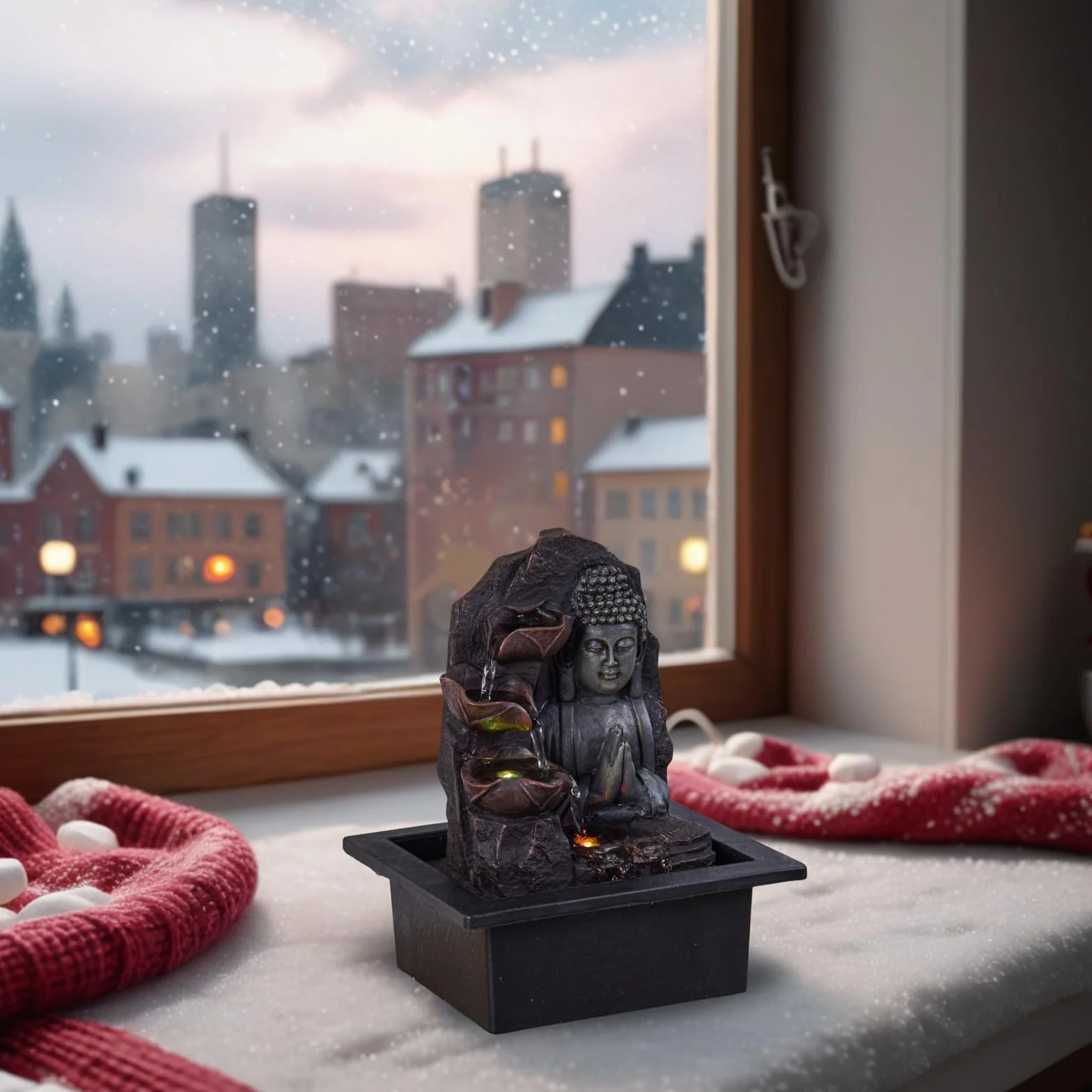 Fontanna wewnętrzna Wodospad Budda Lotos Kolorowe światło LED, dekoracja wnętrz Feng Shui, pomysł na prezent Zen Mind, z dostarczoną cichą pompą, duchowość Zen'Light, 21 x 21 x 26 cm