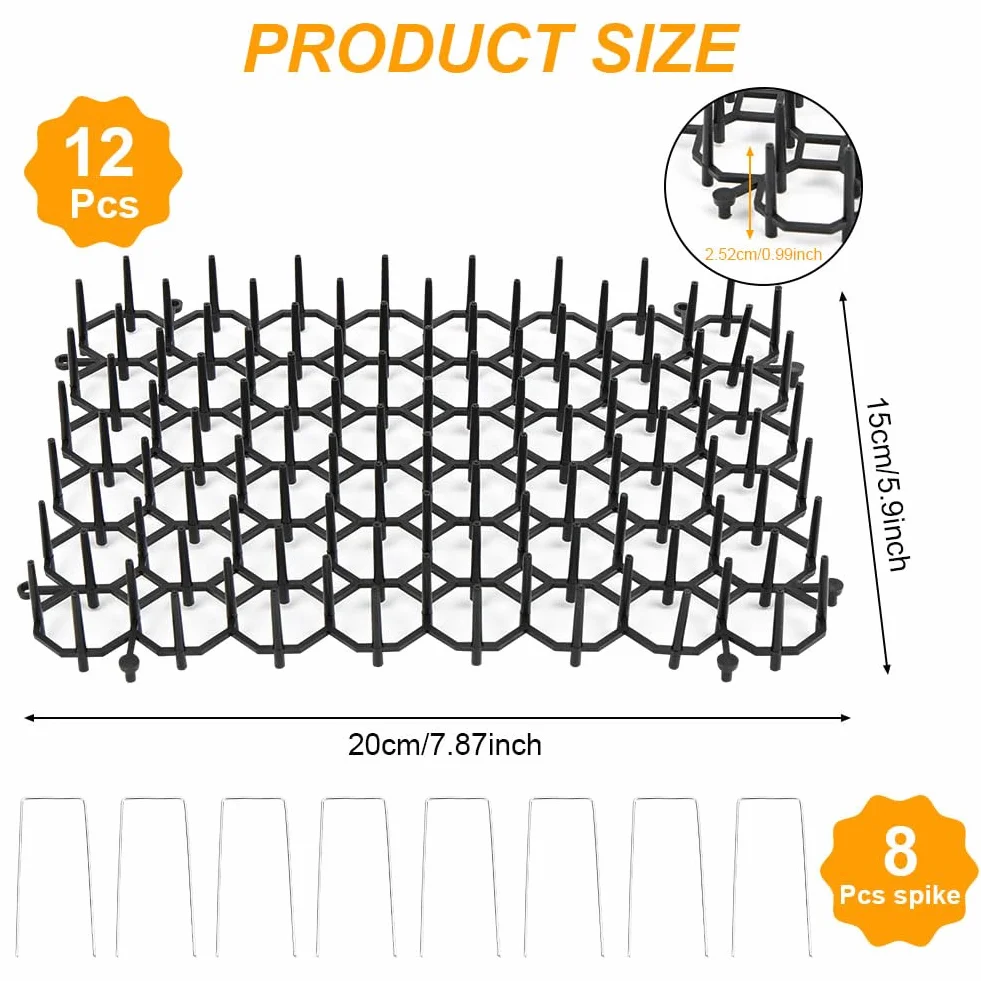 Flintronic 12 szt. kolców przeciw kotom, mata 20 x 15 cm przeciw kotom z kolcami, mata odstraszająca koty, maty z kolcami zatrzymujące kopanie, płaski pasek z kolcami zatrzymujący kopanie z 8 kołkami