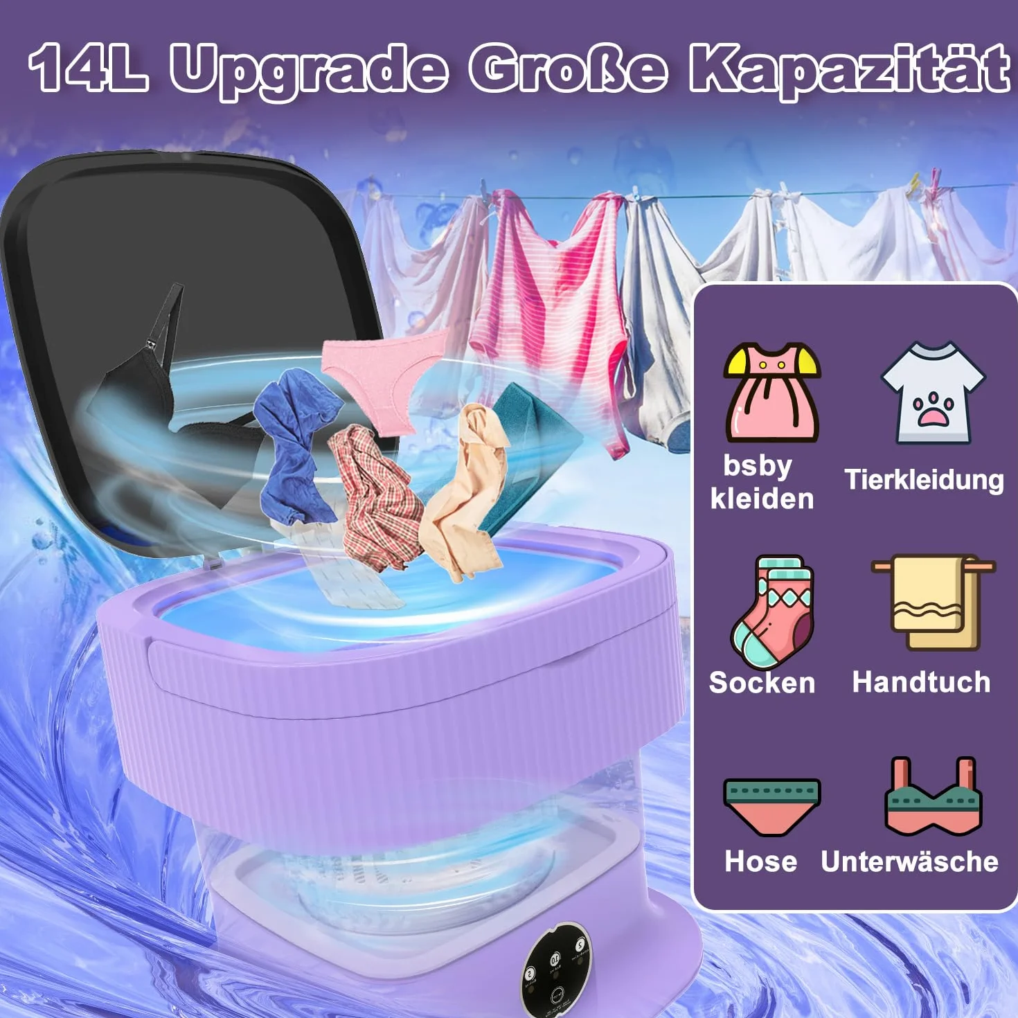 Mini pralka, 14 l, 2 w 1, pralka kempingowa, mini pralka z wirowaniem, mała, pojedyncza pralka, do bielizny, odzieży dla niemowląt, mieszkania, sypialni, hotelu, fioletowa