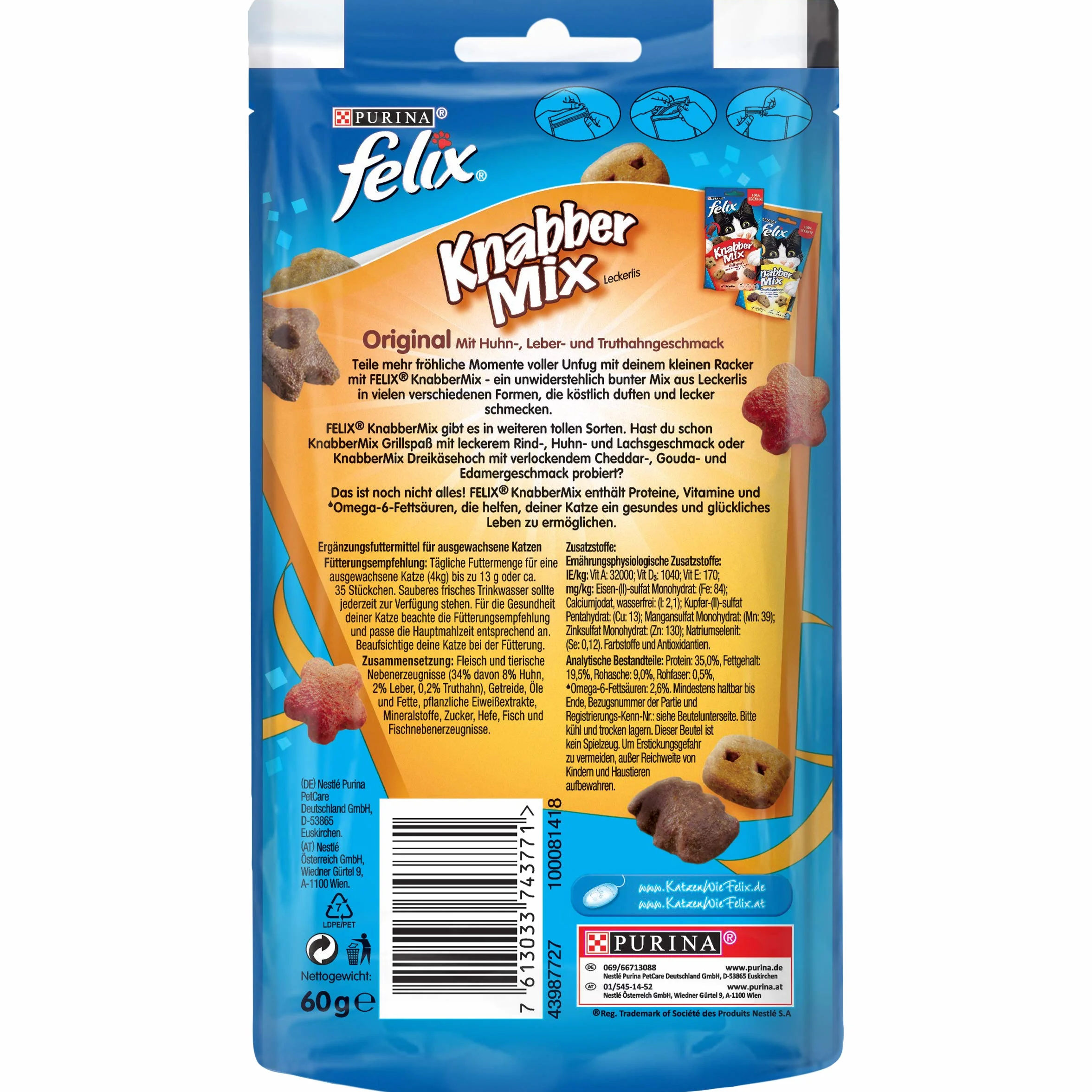 Felix Przekąska dla Kotów, Kurczak/Wątróbka/Indyk, 8 x 60 g