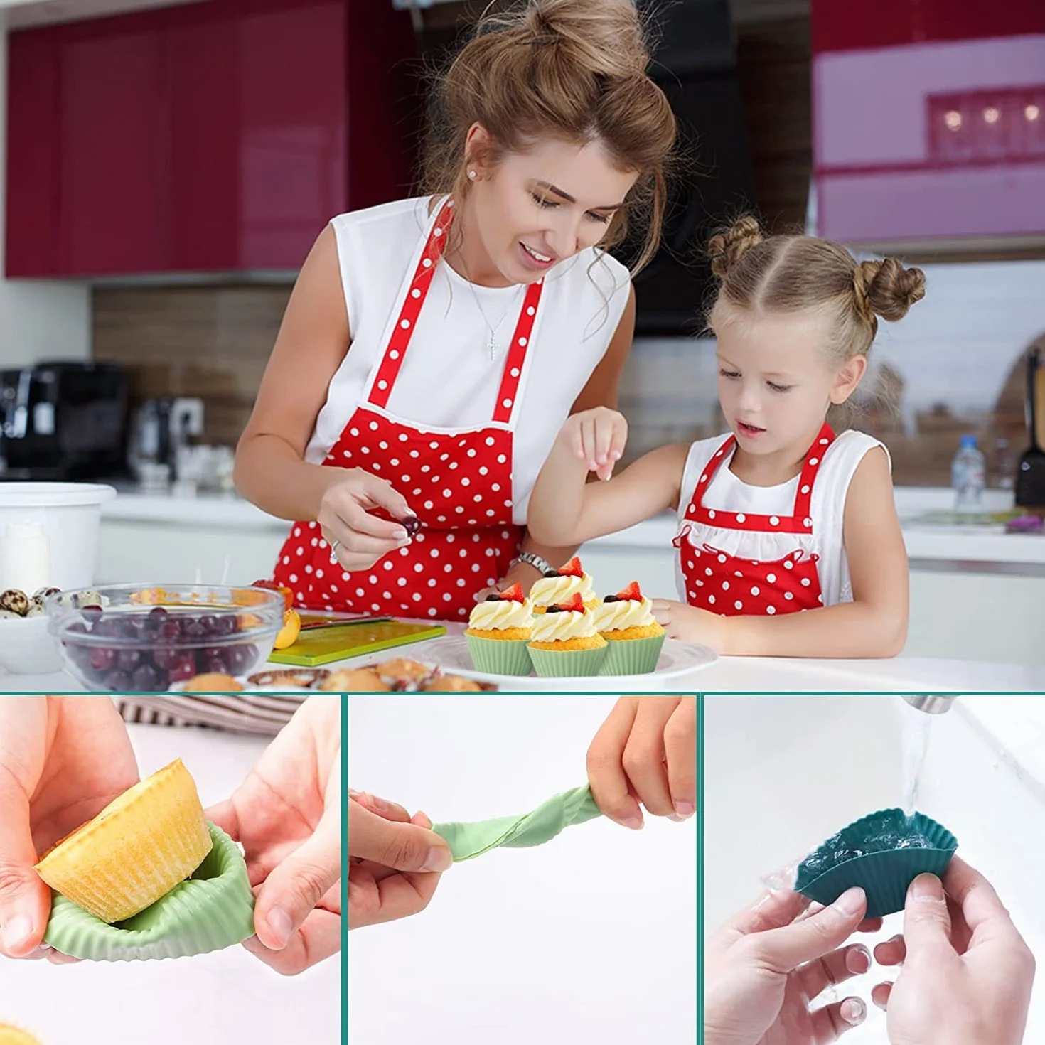 Zestaw 24 silikonowych foremek do muffinek – z silikonu bez BPA do ciast, kremów i budyniów, wielokrotnego użytku, z powłoką zapobiegającą przywieraniu