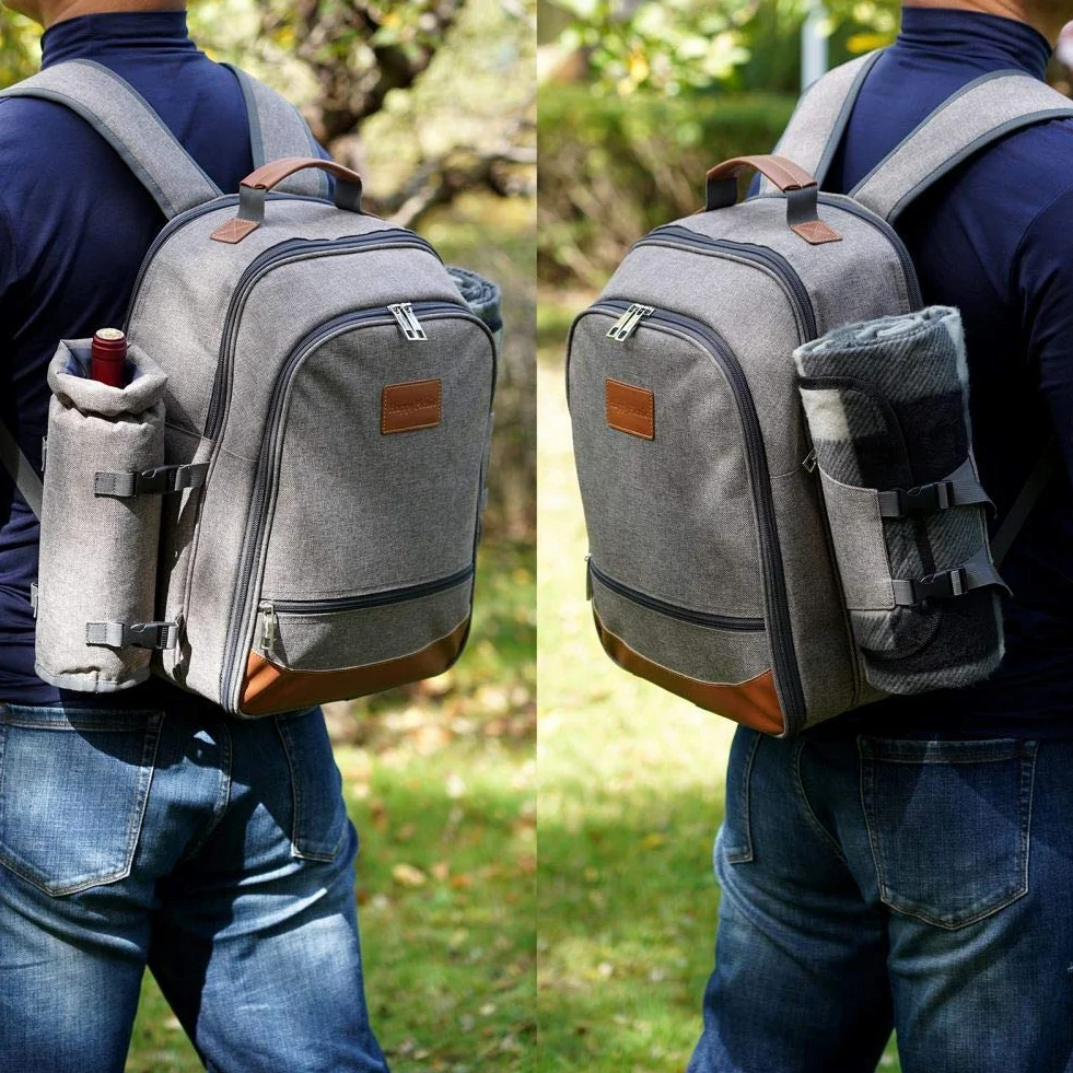 HappyPicnic Isolierter Picknickrucksack für 4 Personen mit komplettem Geschirr, geräumigem Kühlfach, Flaschenhaltern und großem wasserdichtem Picknick-Teppich