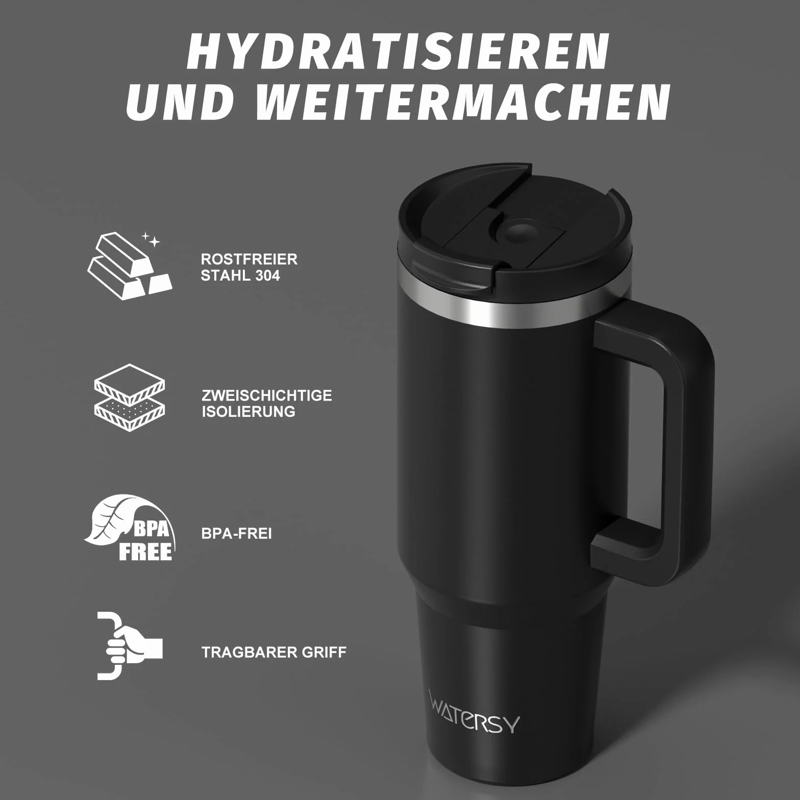 WATERSY Kubek podróżny 850 ml, kubek do kawy z 2 słomkami, pokrywka i uchwyt, stal nierdzewna, podwójna ścianka, izolowana próżniowo, butelka na wodę, termiczna do zimnej gorącej kawy, 891 ml, czarny