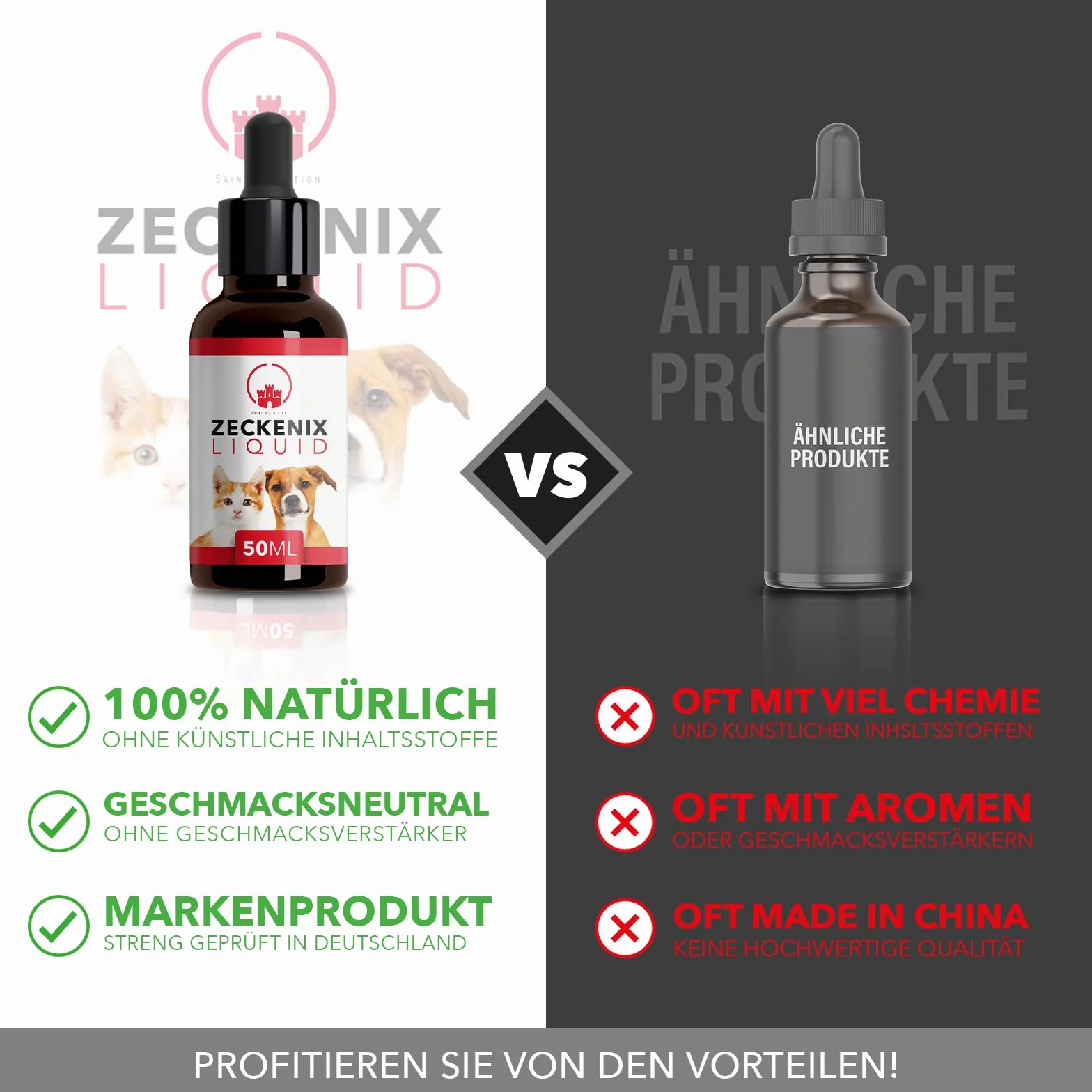 Saint Nutrition® Zeckenix Liquid – ochrona przed kleszczami kotów i psów – naturalna formuła dla psów i kotów – idealna do codziennego użytku i ochrony w podróży – 50 ml