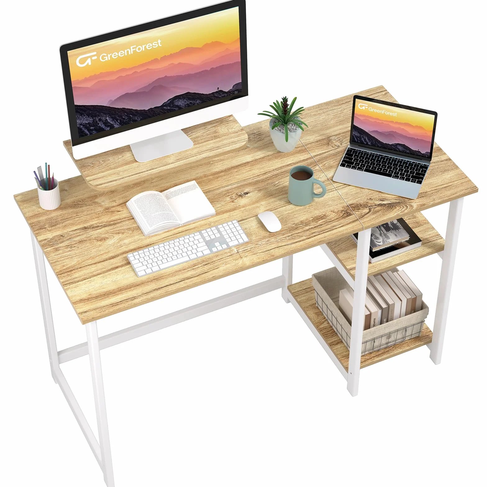 GreenForest Biurko Komputerowe ze Stojakiem na Monitor, 100 cm do Domowego Biura z Odwracalnymi Półkami do Przechowywania Laptopów, Małych Biur i Stanowisk Pracy, Beżowe