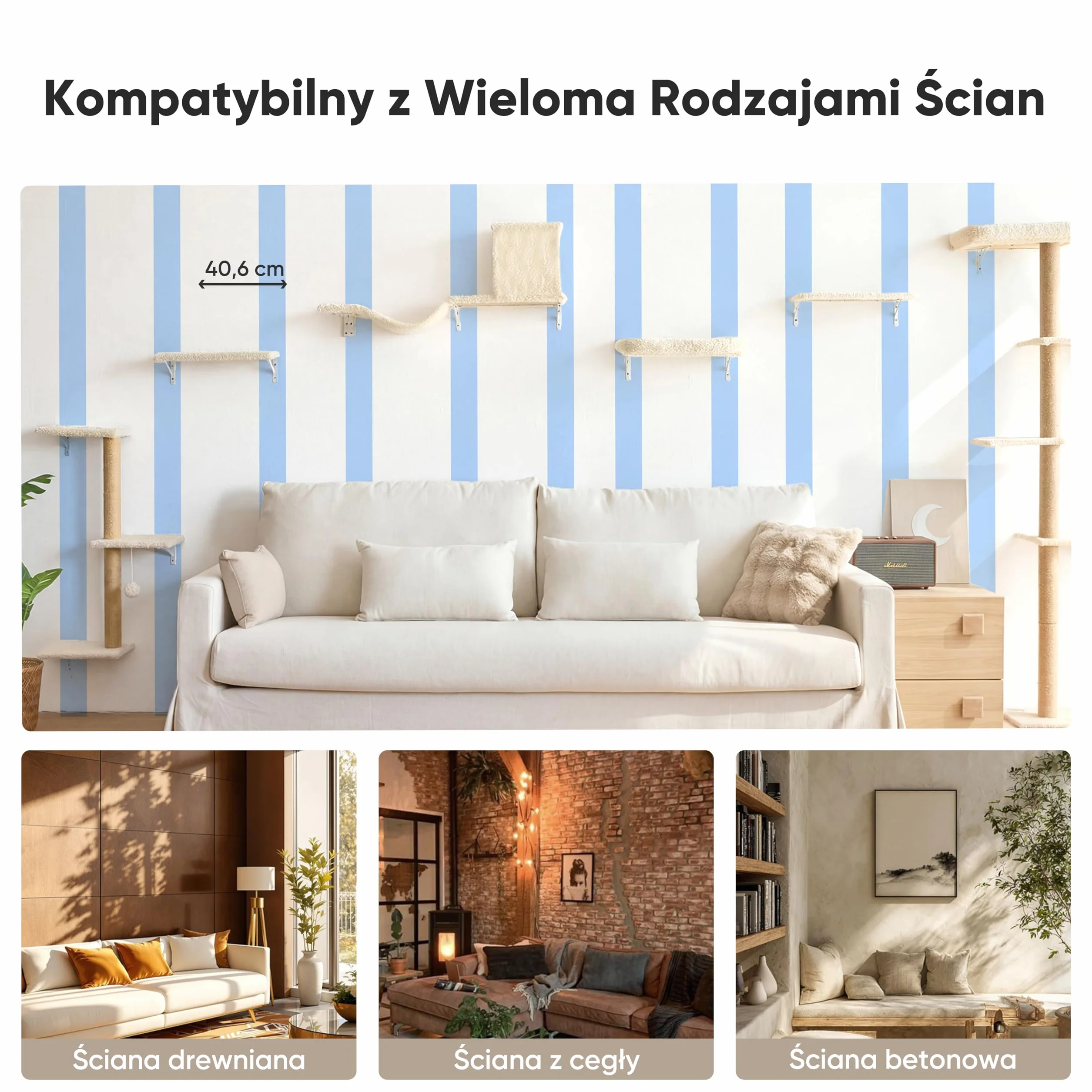 FUKUMARU Półki Ścienne dla Kotów, Stabilne i Bezpieczne, 4 w 1, Duży Zestaw Mebli dla Kotów, Drewniane, Wspinaczkowe, z Drapakiem, Pasuje do Różnych Powierzchni Ścian, Beżowe