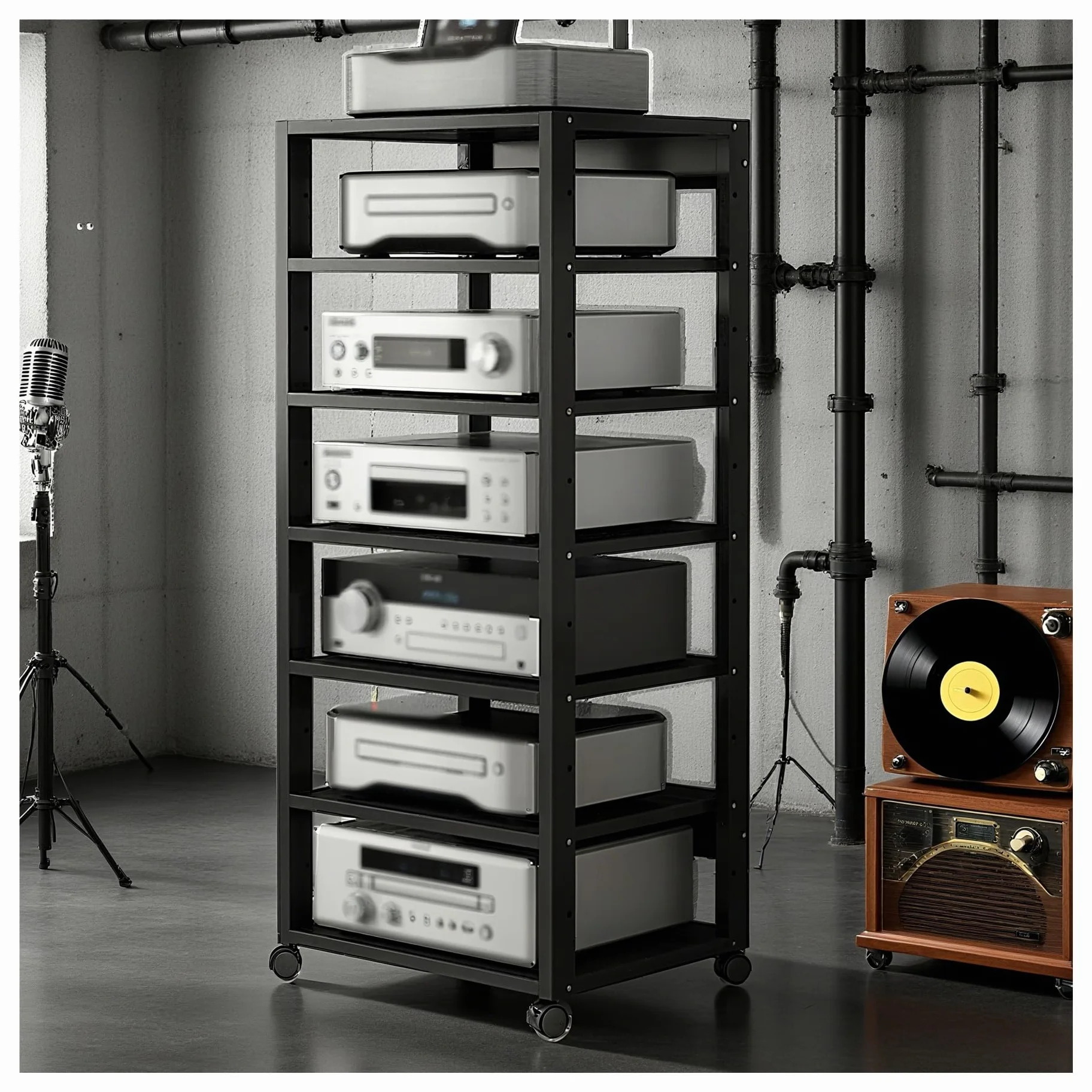 Półka na sprzęt audio HiFi Rack, 7-poziomowy stojak na sprzęt audio, stolik gramofonowy z regulowaną półką, stojak na telewizor, centrum rozrywki do salonu, pokoju zabaw, sypialni(Black)