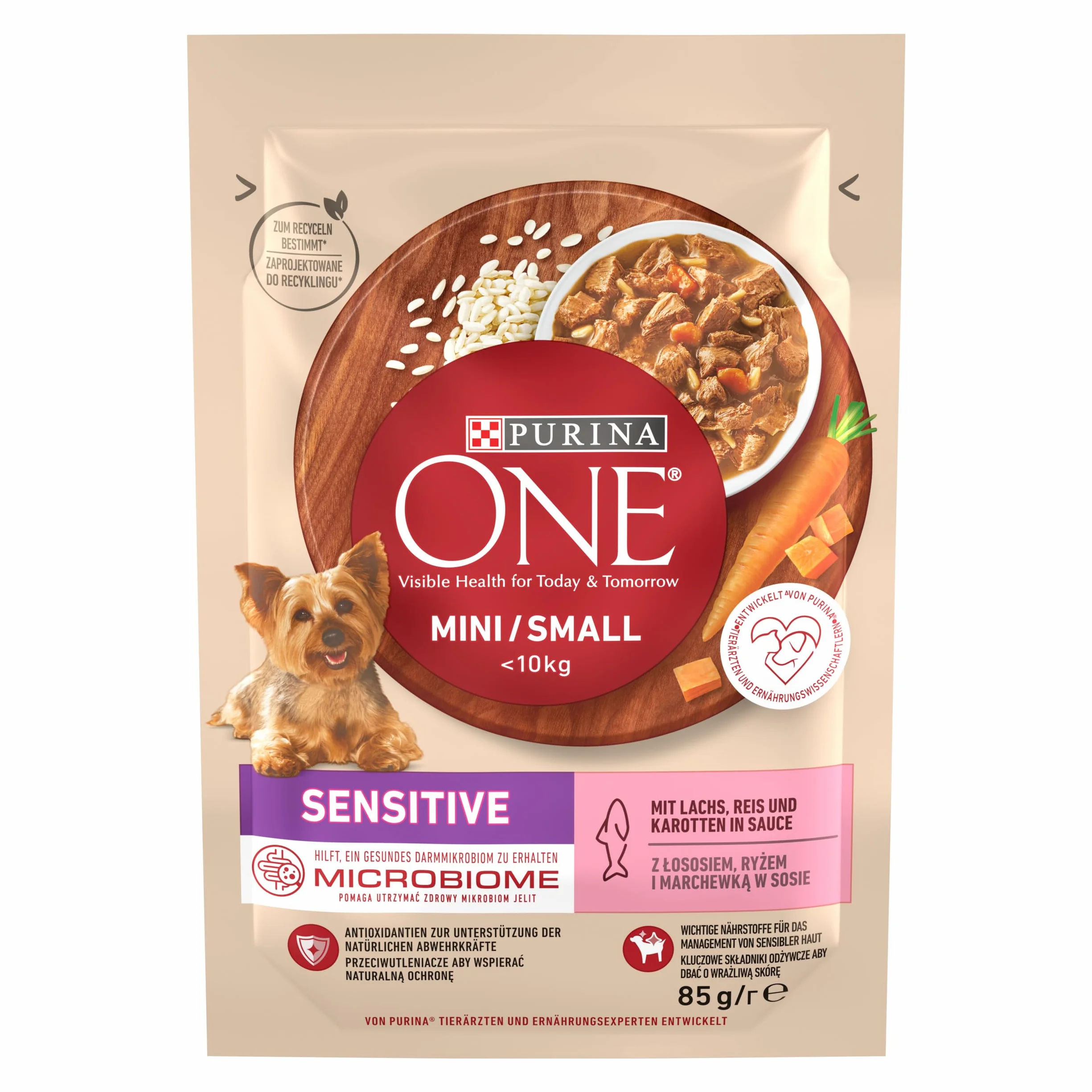 PURINA ONE Mini/Small Sensitive mokra karma dla małych psów, z łososiem i ryżem, 26 x 85 g