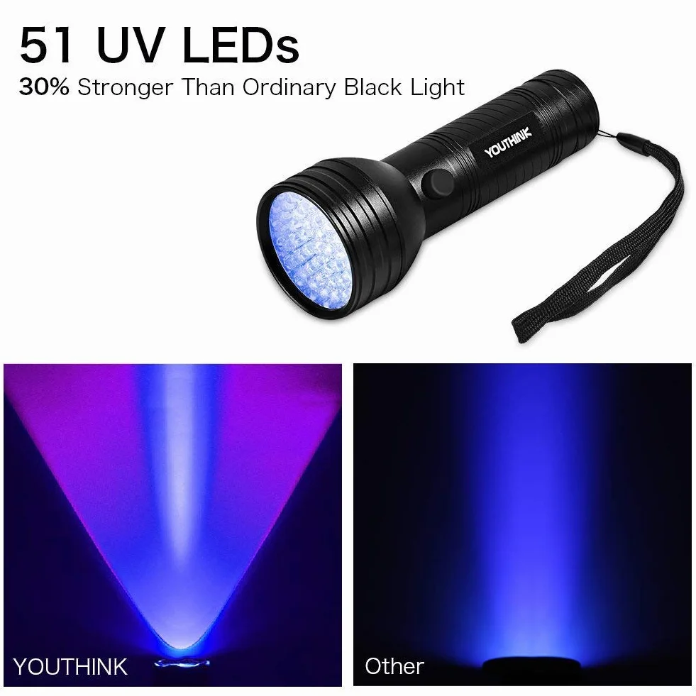 Latarka UV, latarka UV 395 nm do wykrywania moczu zwierząt domowych na dywanie, przenośna błyskowa do plam kuchennych, fluorescencji odzieży, polowanie na skorpiona, fałszywe banknoty (51 LED)