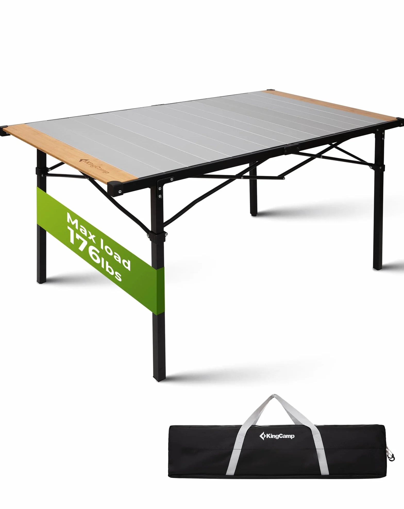KingCamp Składany stół kempingowy, z aluminiową ramą, zwijany blat (136 x 70 cm), dla 4-6 osób, składany, z torbą do przenoszenia, obciążenie do 80 kg, srebrny, XL