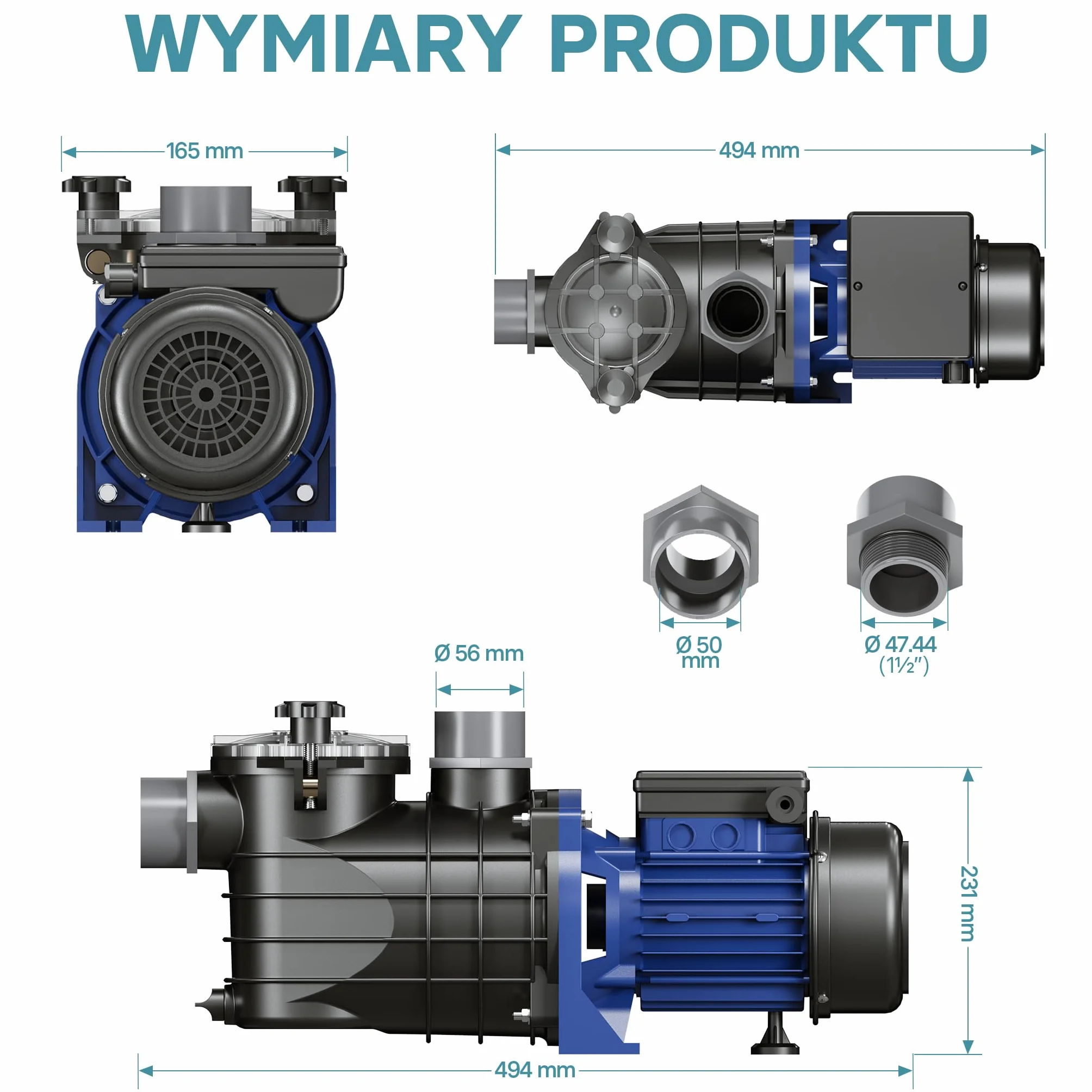 WilTec Pompa basenowa 13200 l/h, 370 W cicha pompa filtrująca i cyrkulacyjna, skuteczna pompa wodna do basenu, trwała i antykorozyjna konstrukcja