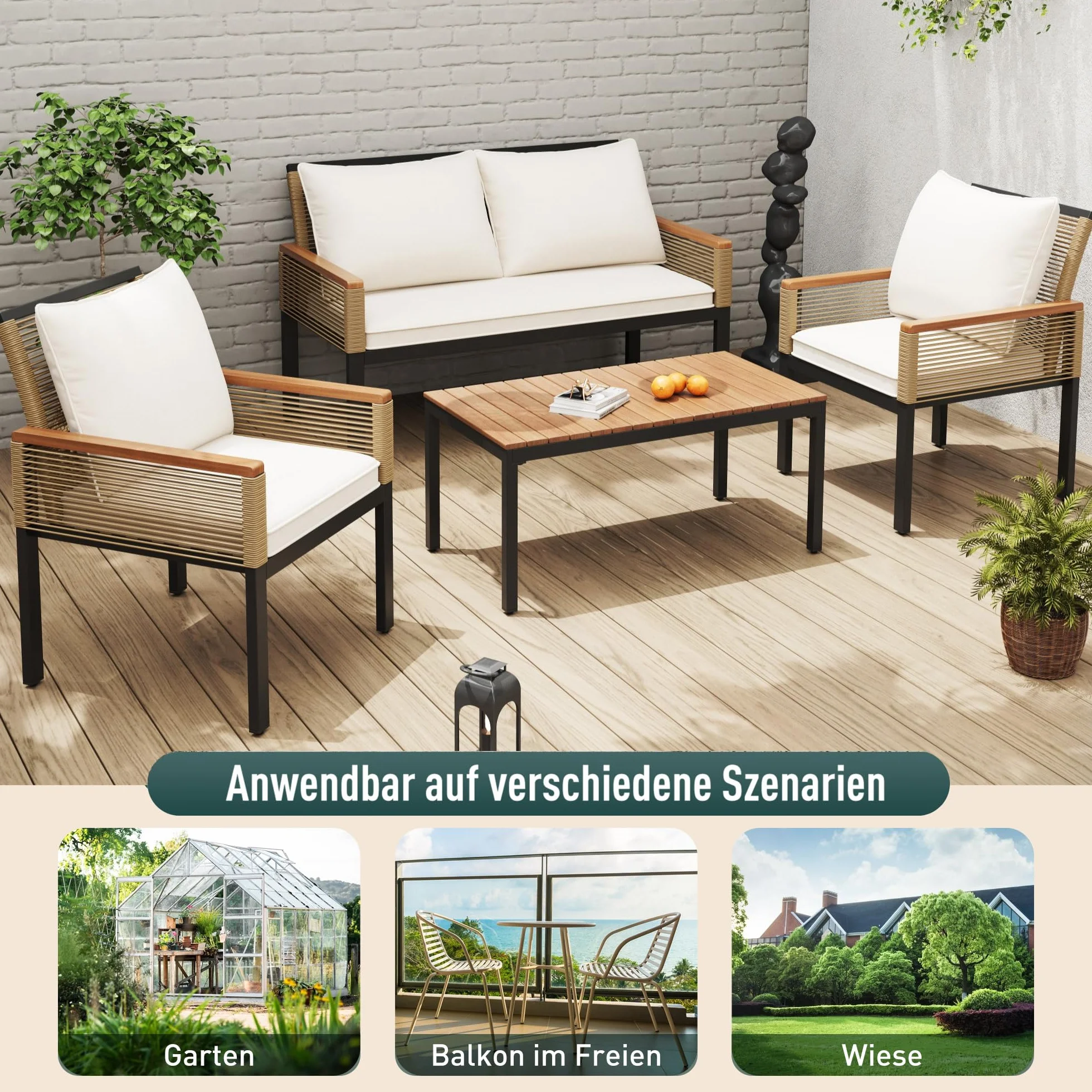 Zestaw mebli ogrodowych z wygodną poduszką, podwójna sofa, 2 fotele i stół, do użytku na zewnątrz, rattan, stół i krzesła (beżowy)