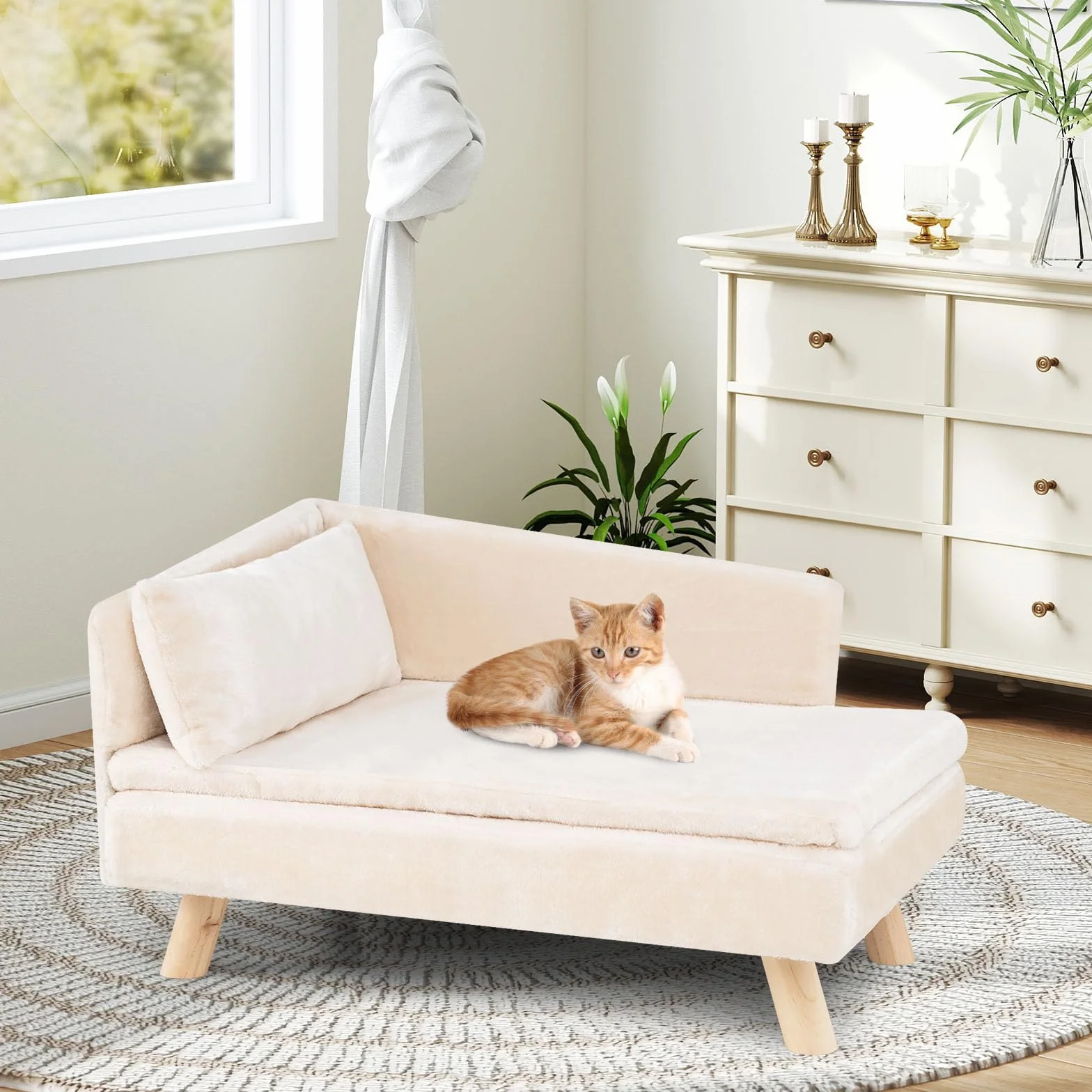 COSTWAY Luksusowa sofa dla kota, podwyższone legowisko do 50 kg, z 2 poduszkami, oparcie i drewniane nogi