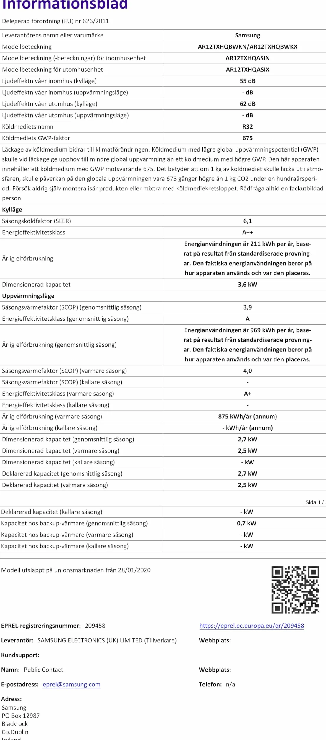 Samsung AR30 Malibu, Klimatyzacja Monosplit w pompie ciepła, 12000 BTU, GAS R32, AR12TXHQBWKNEU+AR12TXHQBWKXEU, [Klasa efektywności energetycznej A++/A]