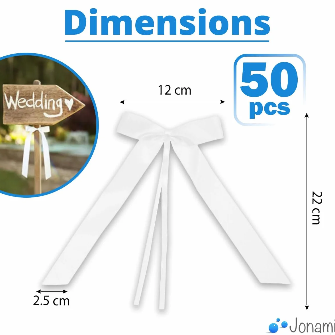 50 kokardek samochodowych ślubnych ręcznie robionych satynowych wstążek kokardy antenowe łatwe do zawiązania na samochodzie - białe 25 x 12 cm