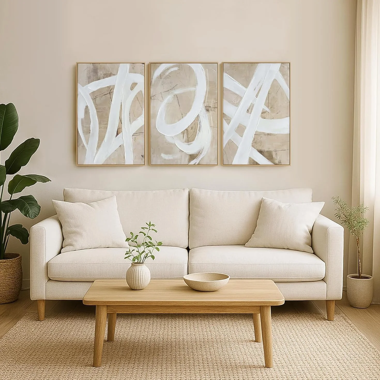 lianyibo Neutralna abstrakcyjna sztuka ścienna minimalistyczna biała brązowa pastelowa farba pociągnięcia kształty plakaty wydruki salon sypialnia dekoracja (50 x 75 cm x 3/rama wewnętrzna)