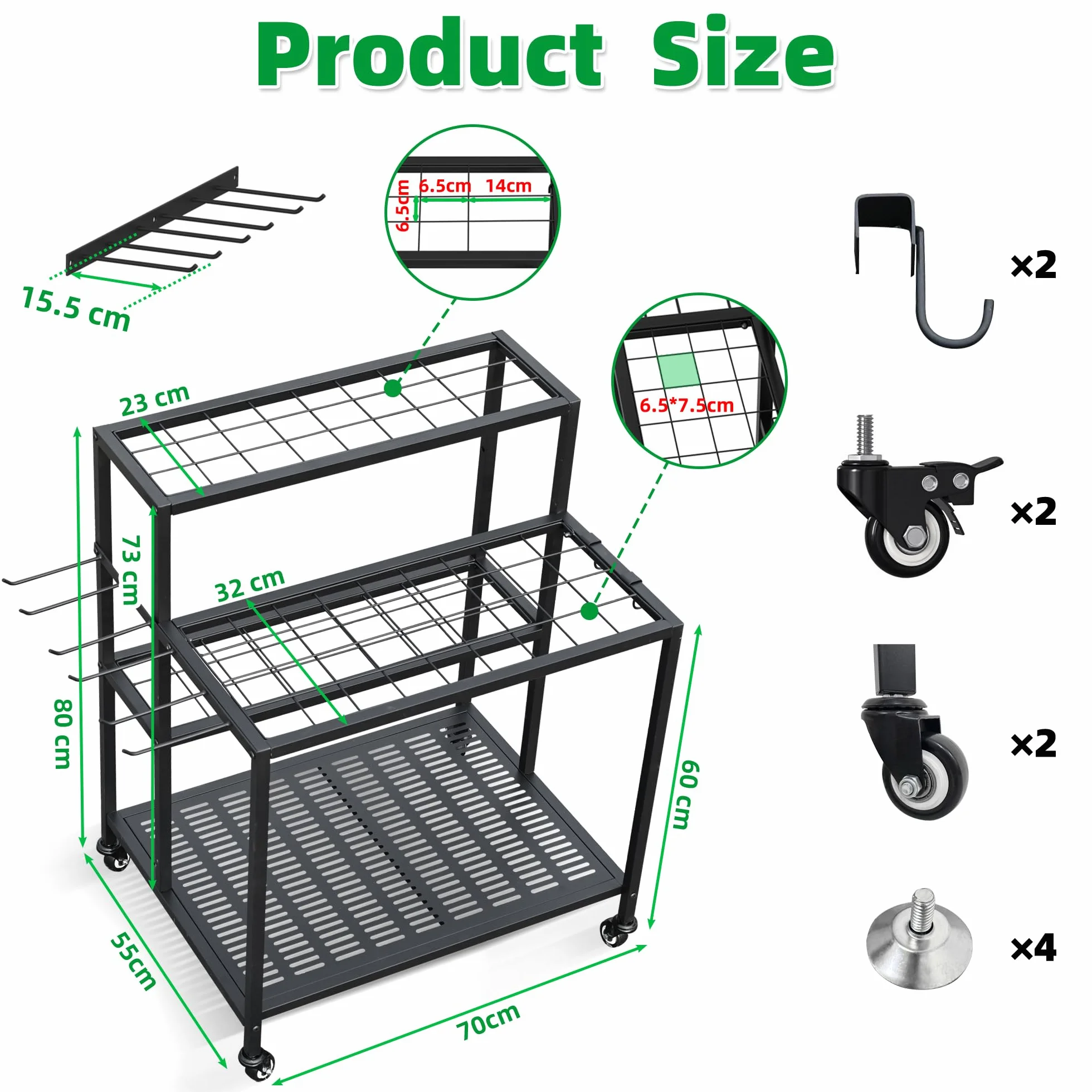 Wytrzymałe przechowywanie narzędzi ogrodowych, 3-poziomowy organizer na narzędzia ogrodowe do 67 narzędzi z uchwytami, stojak do przechowywania na kółkach z zamykanymi uniwersalnymi kółkami