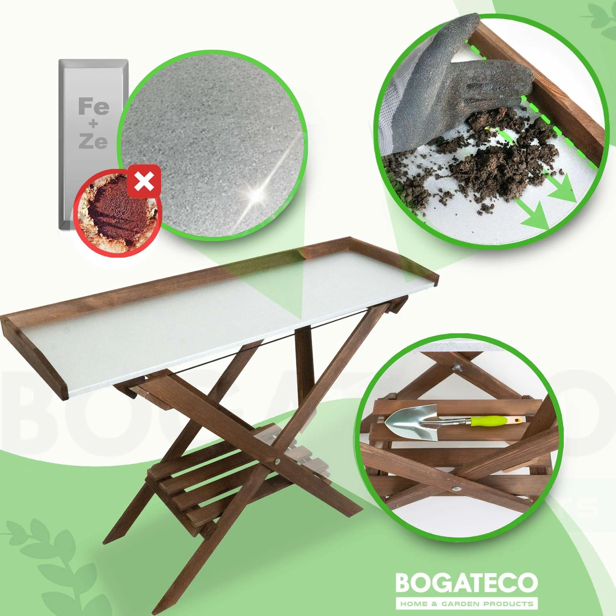Stół do roślin 118 x 84 x 38 cm, składany, impregnowany stół na kwiaty, stół ogrodniczy z regałem, drewniany stół do roślin z ocynkowanym blatem roboczym, odporny na warunki atmosferyczne