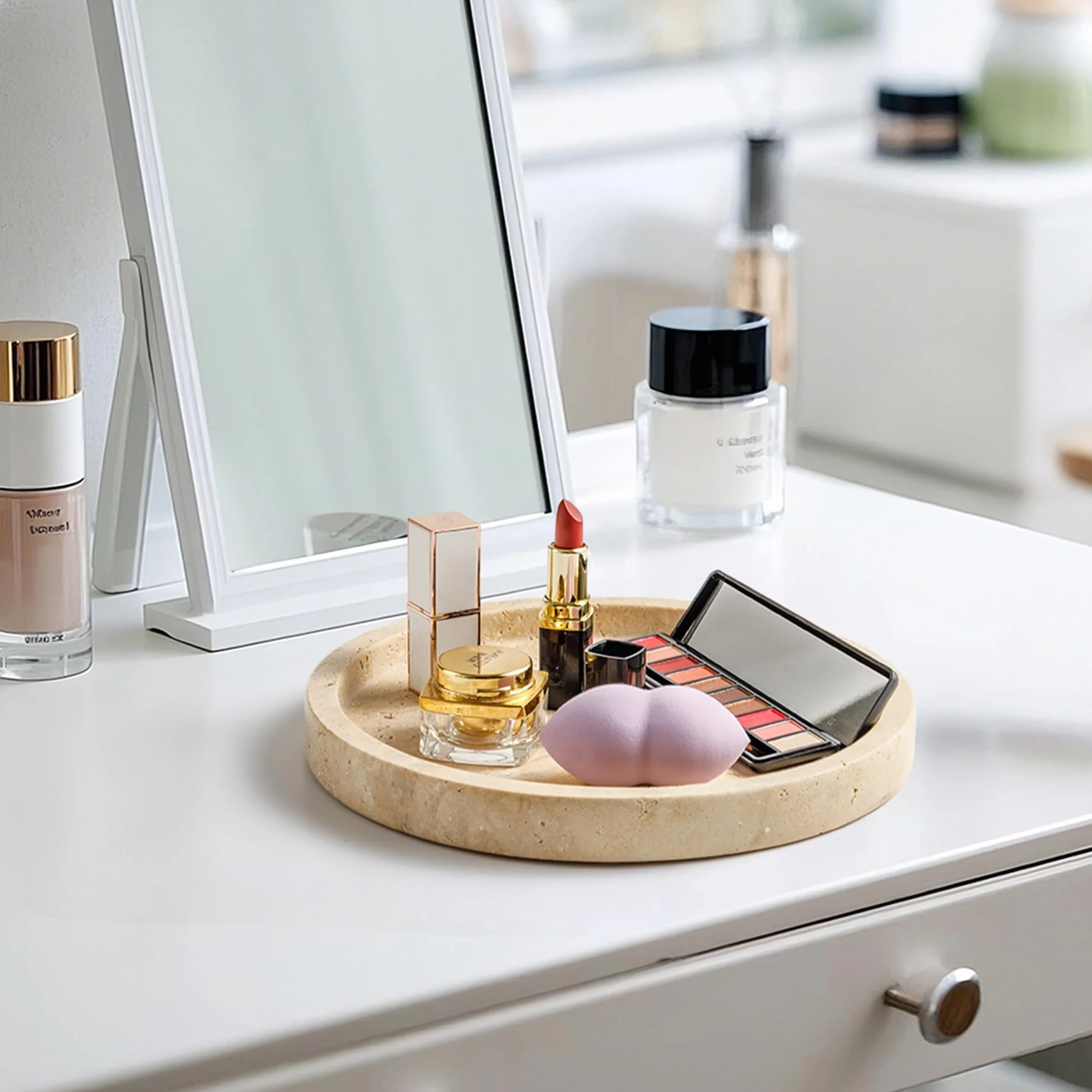 Stół do makijażu z naturalnego marmuru do łazienki, z kamienia trawertynowego na biżuterię, perfumy, kosmetyki, świece, organizer na blat jako dekoracja domu, Beżowy DE-019