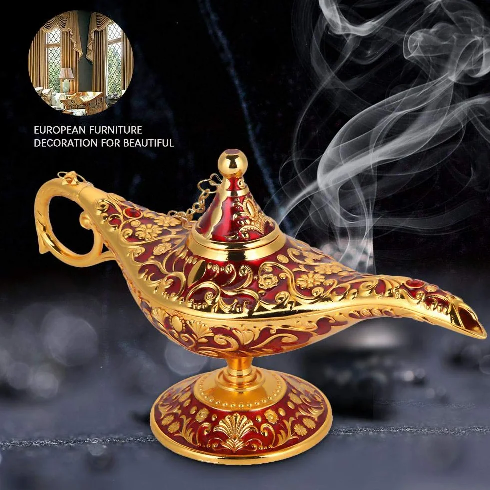 Vintage Kolekcjonerska Rzadka Legenda Aladyna, Magiczna Lampa z Geniuszem, Kadzidło, Alladyn, Cudowna Olejowa, Arabska Geniusz, Oświetlenie do Dekoracji Domu, Stołu i Prezentu (Złota)