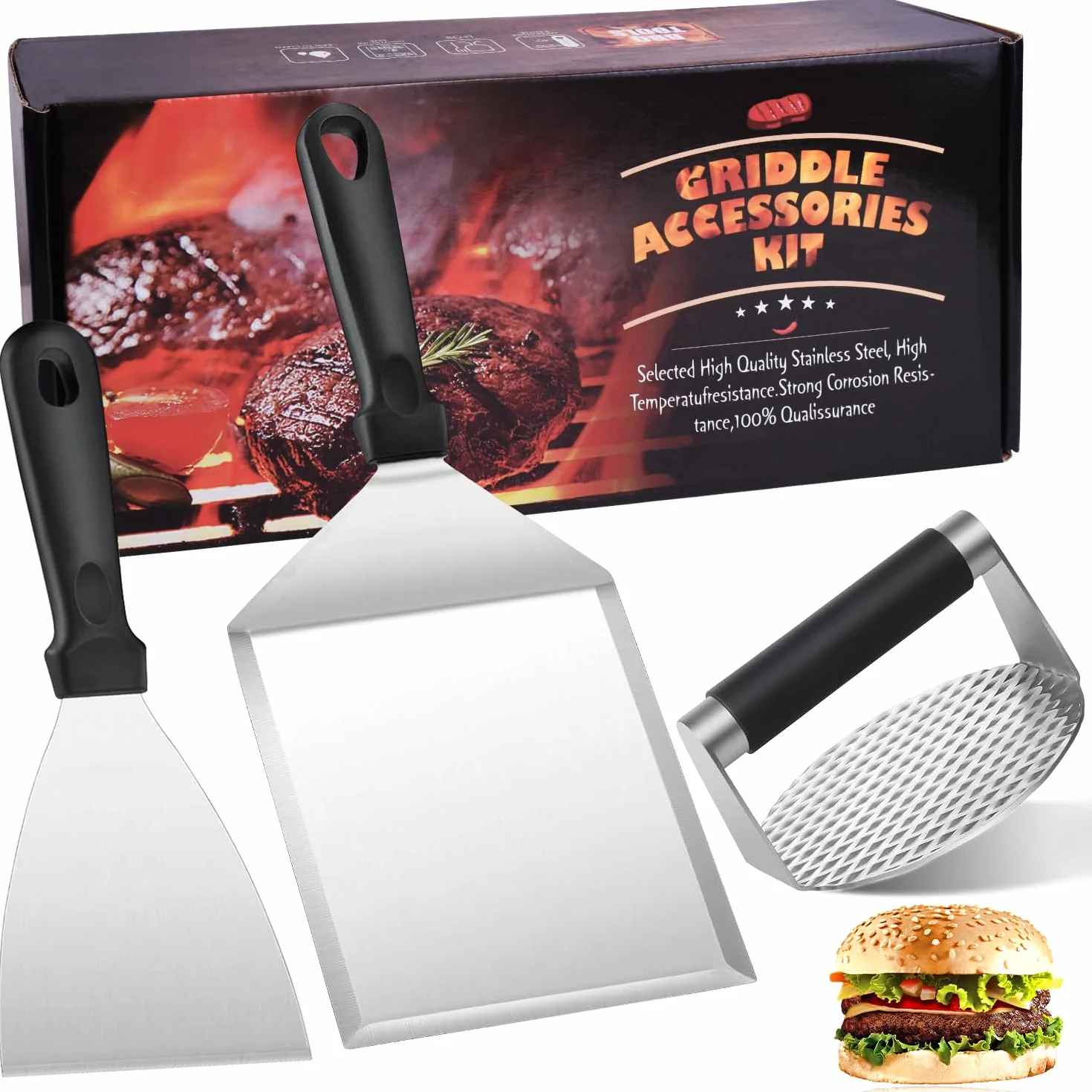 Smash zestaw do burgerów, prasa do burgerów, stal nierdzewna, zestaw sztućców do grilla z okrągłą prasą do burgerów i 2 szpatułkami do grilla, do użytku wewnątrz i na zewnątrz