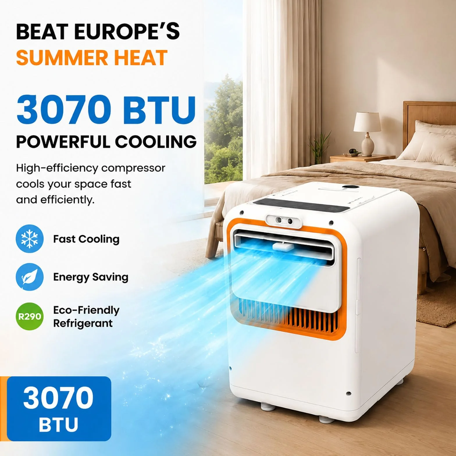 Przenośny klimatyzator sprężarkowy 3070 BTU – klimatyzacja bez rury wylotowej, tryb nocny (30 dB), urządzenie 3 w 1 (chłodzenie i osuszanie), energooszczędność; idealny do mieszkania