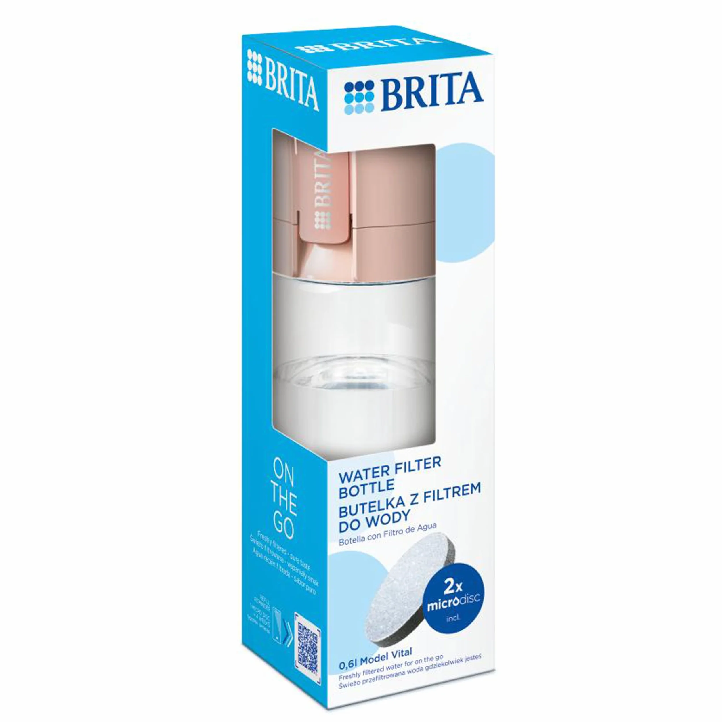BRITA Butelka filtrująca Vital pastelowa brzoskwinia (0,6l) zawiera 2 filtry MicroDisc - filtruje chlor, zanieczyszczenia, hormony i pestycydy, zachowuje cenne minerały