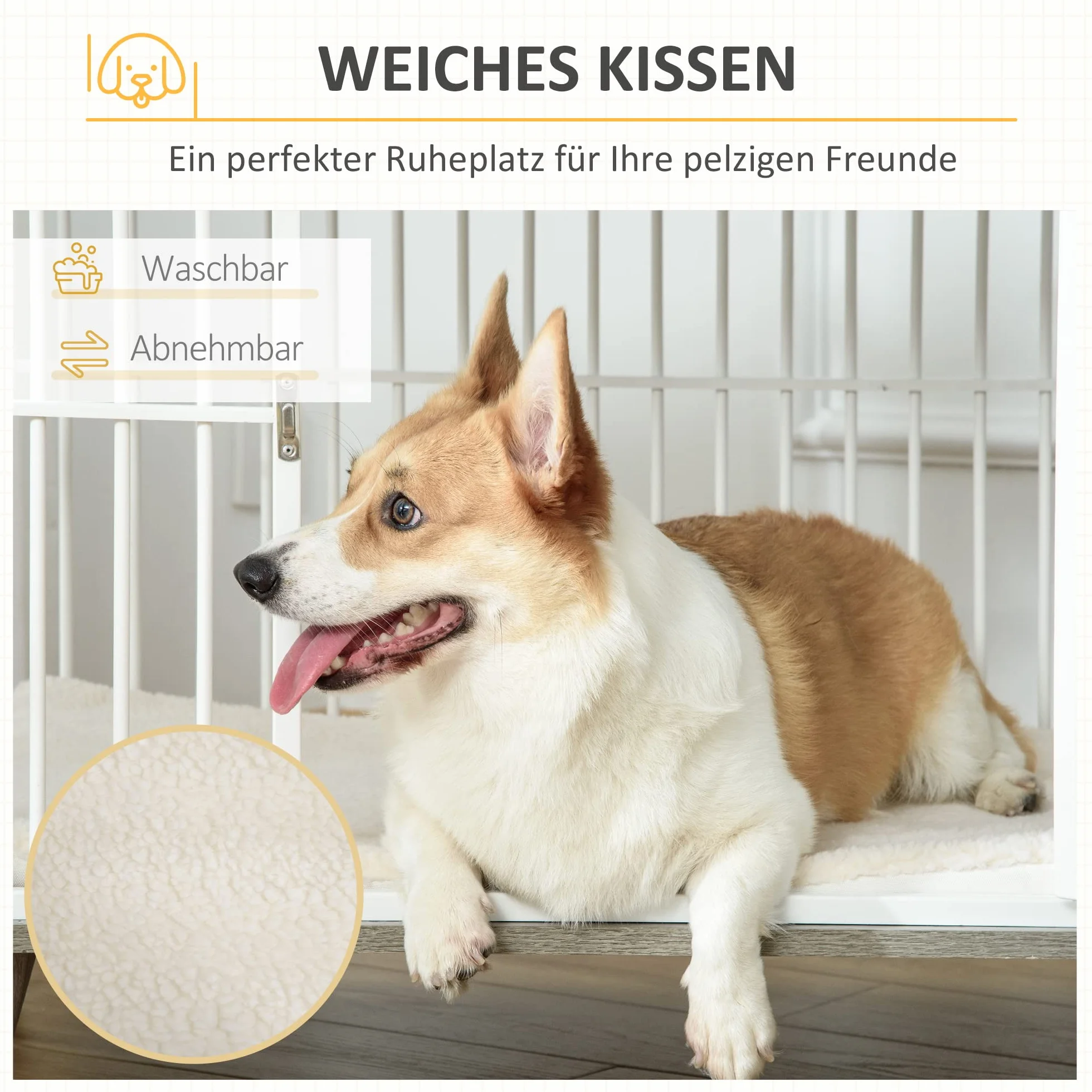 PawHut klatka dla psa drewniana z poduszką blat podwyższony design klatka dla psów średnich do domu klatka dla zwierząt domowych kolor biały+szary 86 x 60 x 70 cm